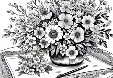 Blumenstrauß aus Frühlingsblumen auf Tisch – Ausmalbild gratis