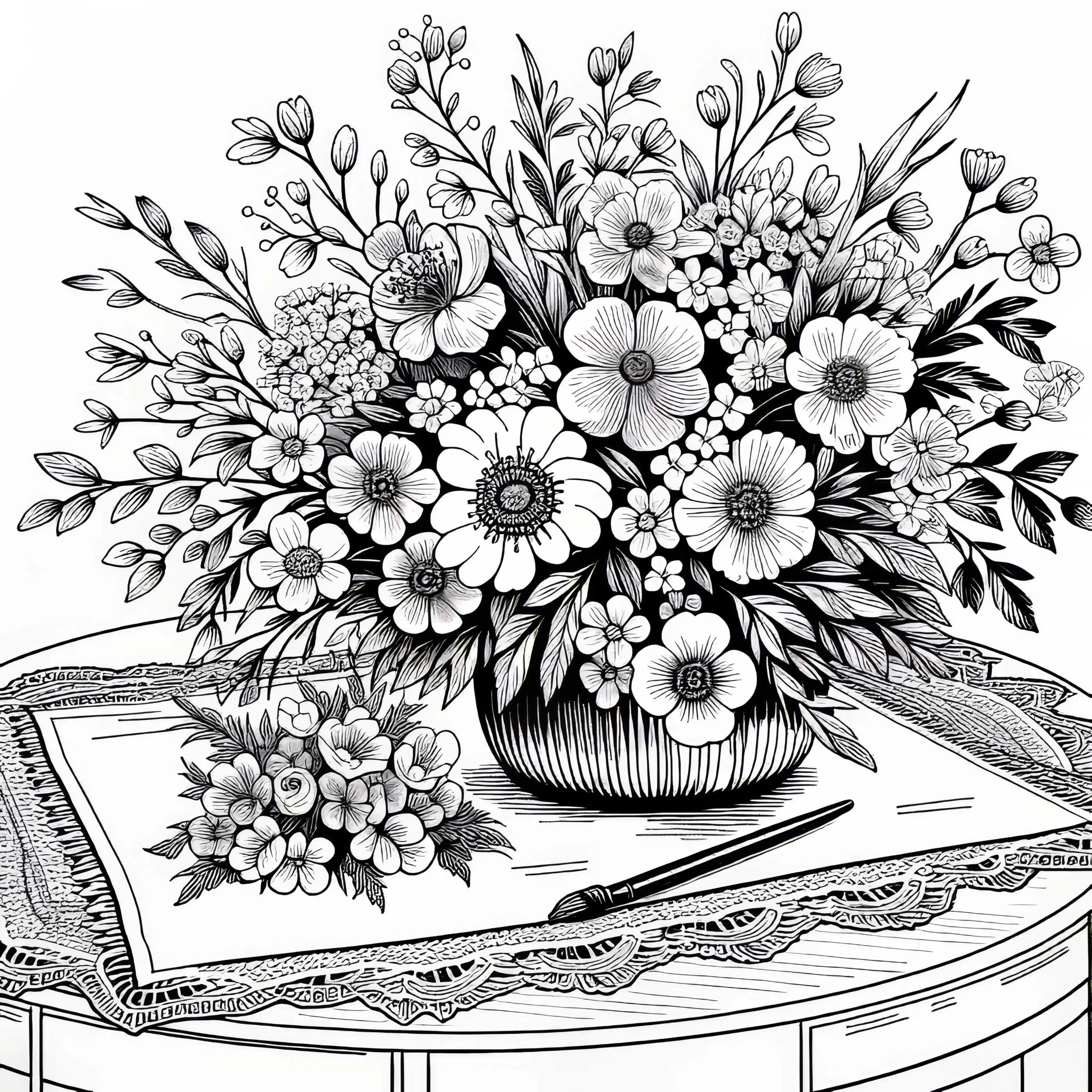 Blumenstrauß aus Frühlingsblumen auf Tisch – Ausmalbild gratis