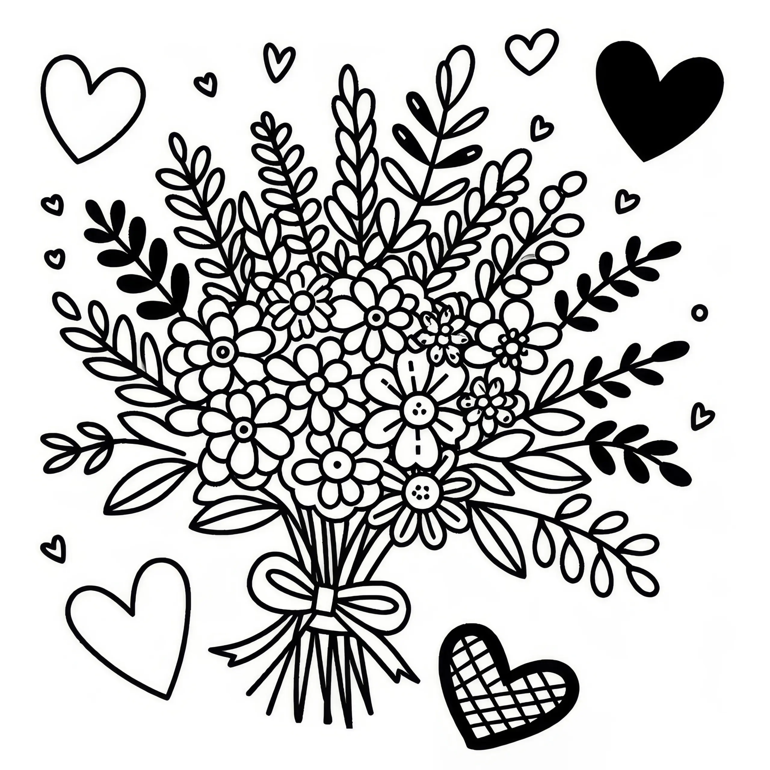 Blumenstrauß mit Herz: Ausmalbild zum Muttertag (Kostenlos)