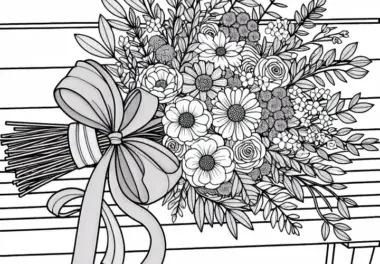 Blumenstrauß mit Schleife liegt auf Bank – Malvorlage Gratis