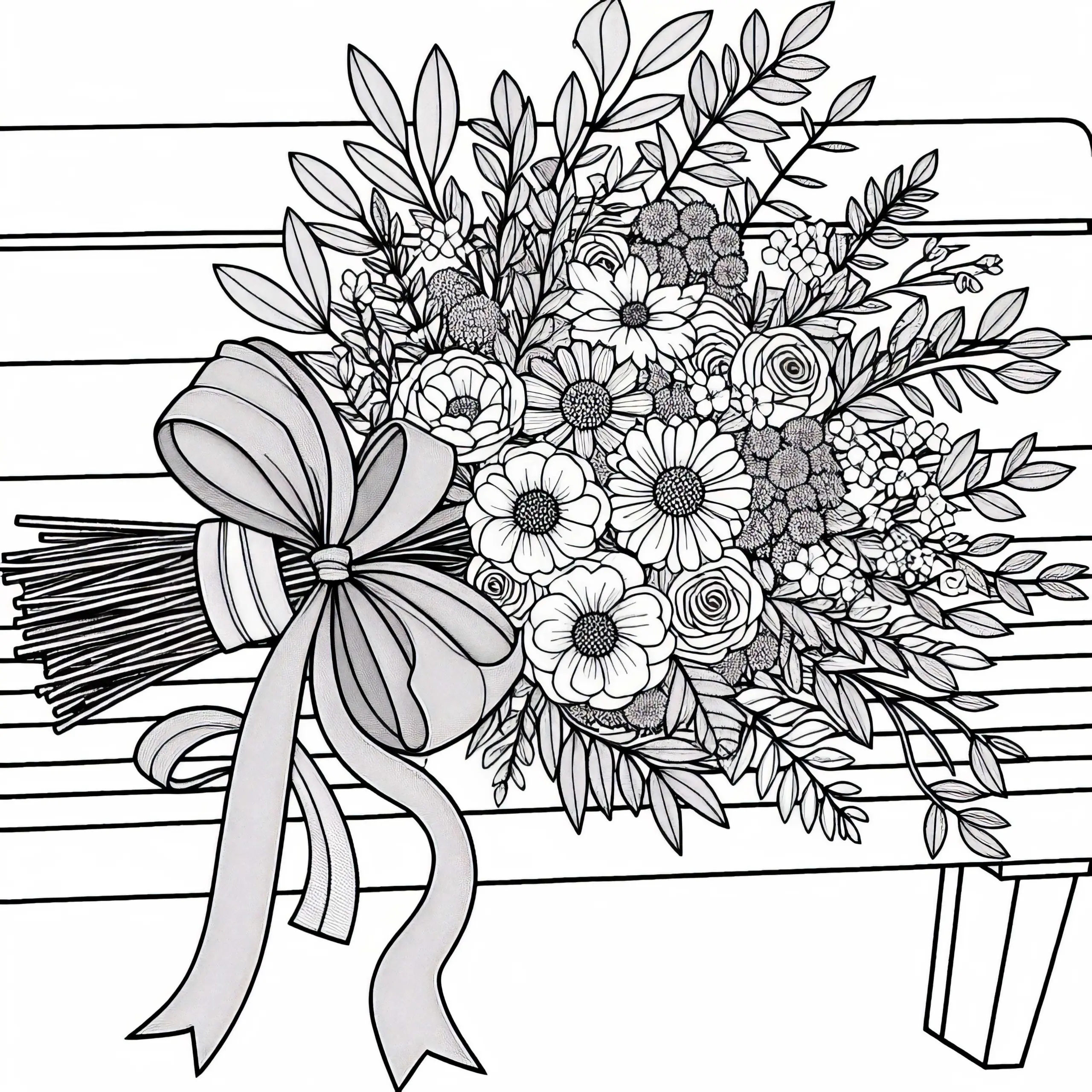 Blumenstrauß mit Schleife liegt auf Bank – Malvorlage Gratis (Ausmalbild)