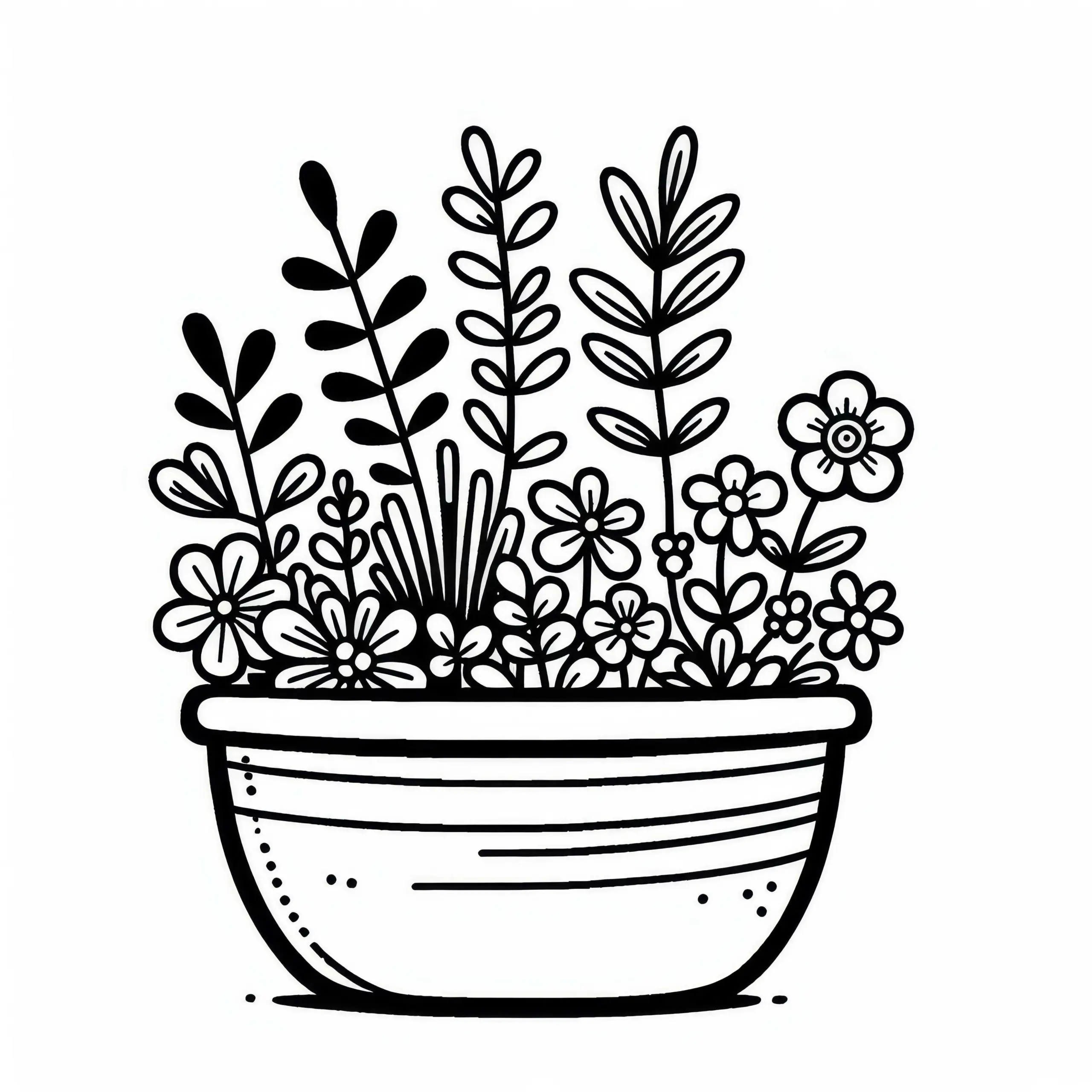 Blumentopf mit Kräutern – Malvorlage kostenlos herunterladen (Ausmalbild)