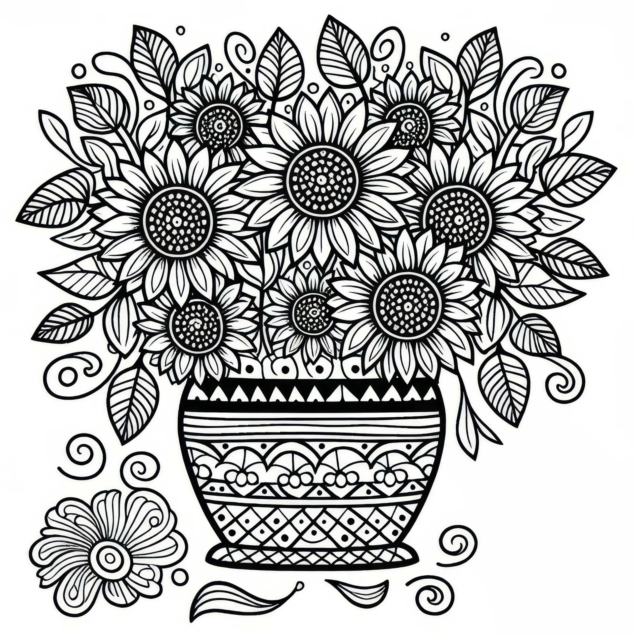 Blumentopf mit Sonnenblumen – Ausmalbild gratis herunterladen