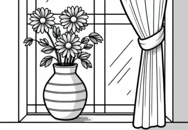 Blumenvase vor Fenster Ausmalbild kostenlos herunterladen
