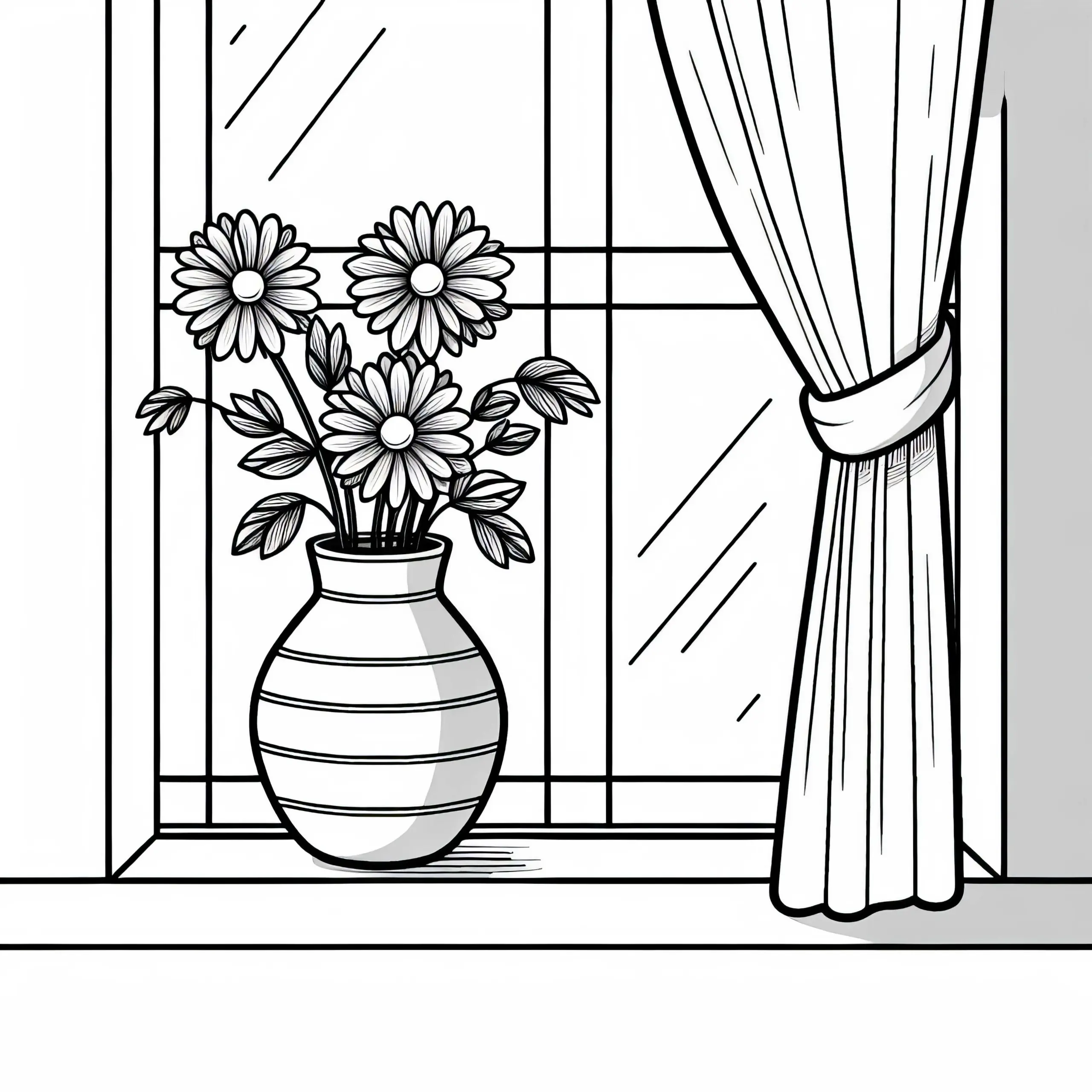 Blumenvase vor Fenster Ausmalbild kostenlos herunterladen