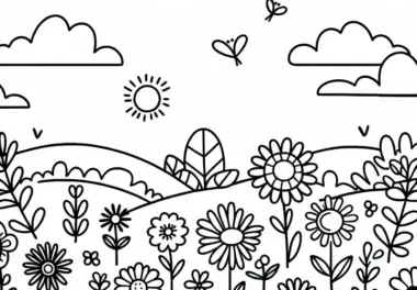 Blumenwiese Ausmalbild Einfach für Kinder Gratis