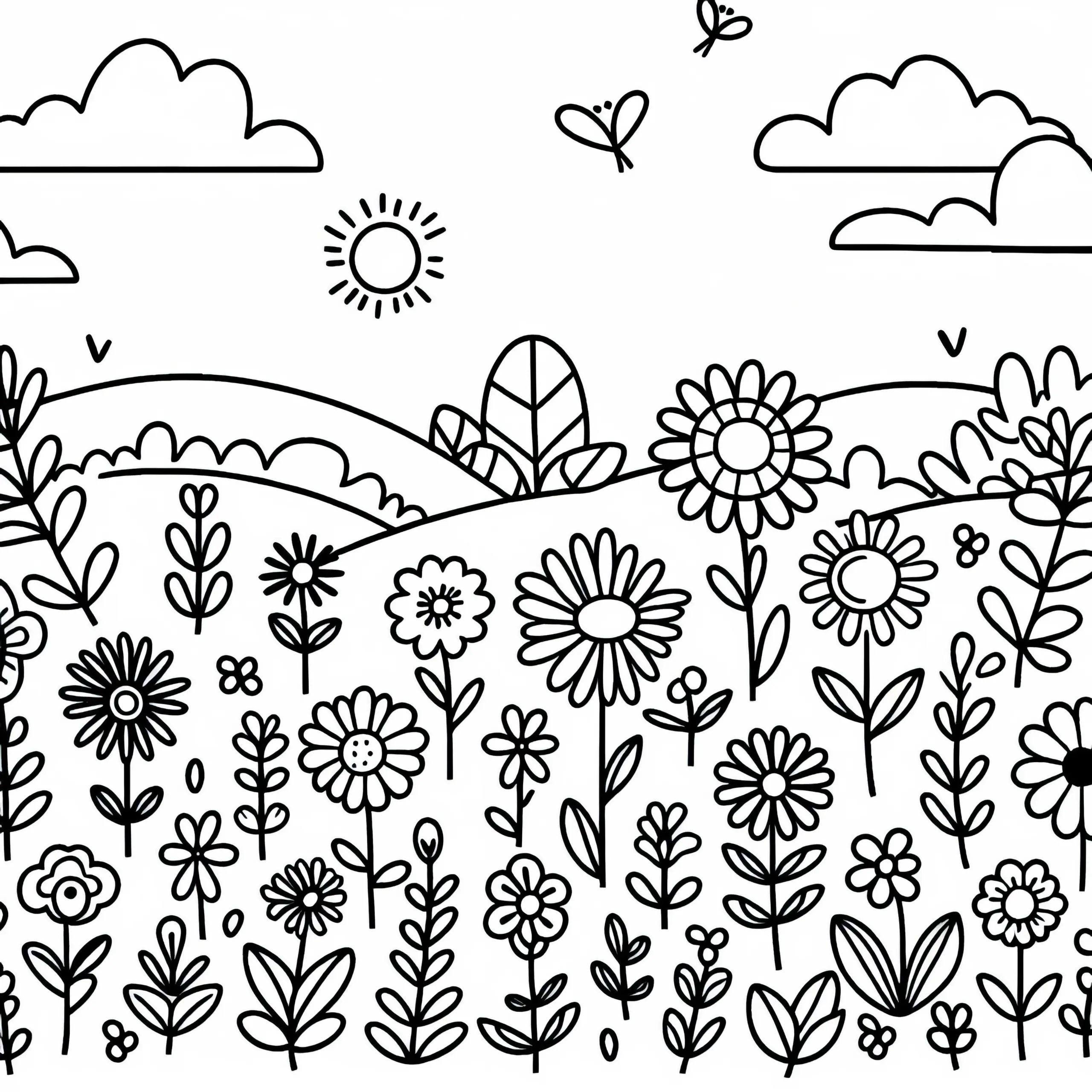 Blumenwiese Ausmalbild Einfach für Kinder Gratis