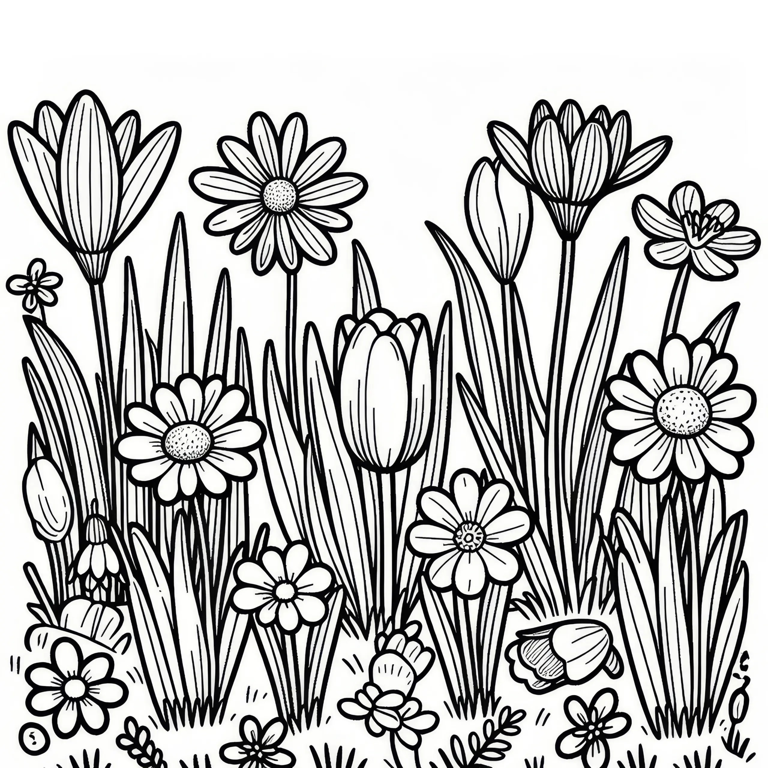 Blumenwiese: Gänseblümchen, Tulpen, Narzissen, Krokusse (Ausmalbild)