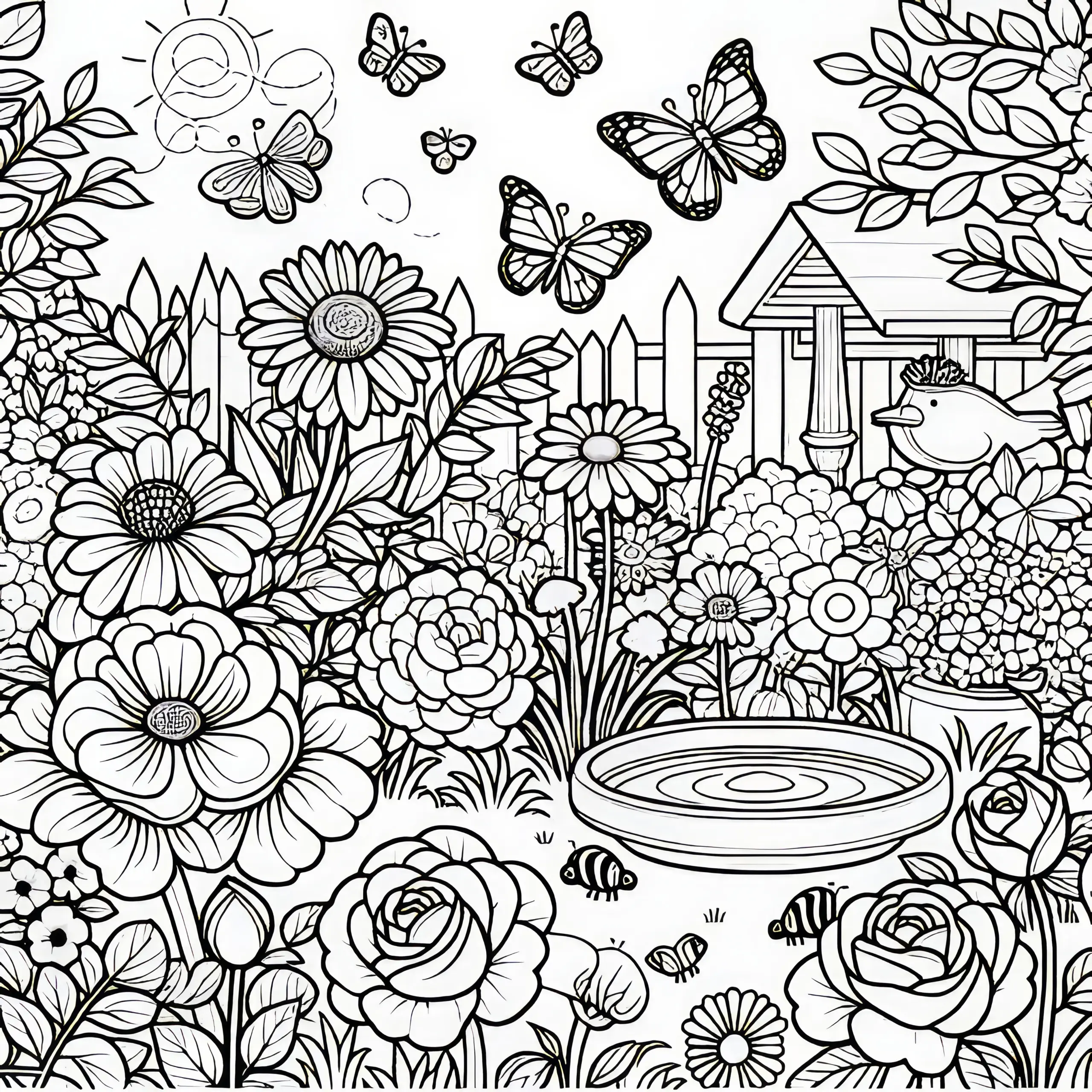 Blumenwiese im Garten mit Vogelhaus: Sommerliches Ausmalbild (Gratis)