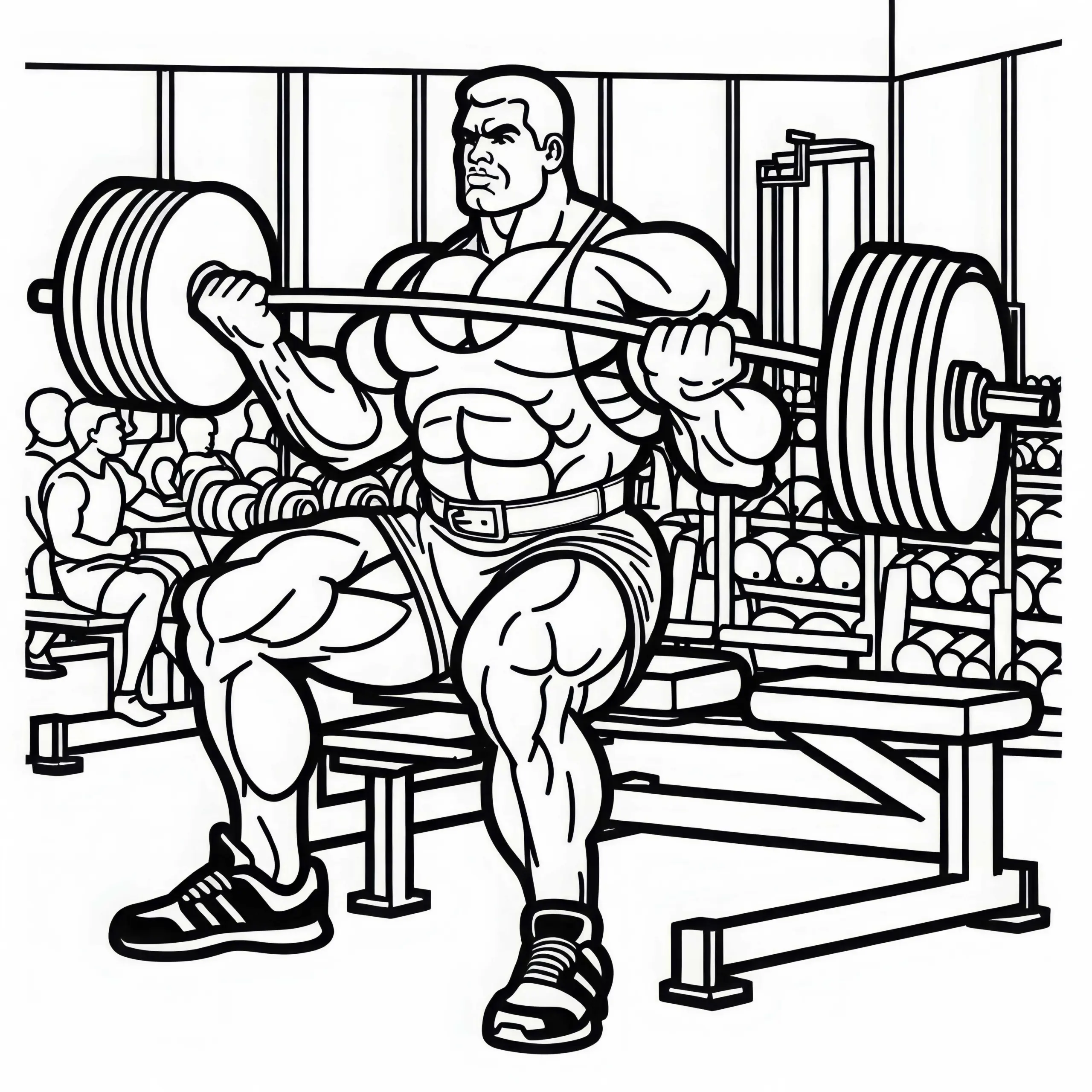 Bodybuilder hebt schwere Gewichte im Fitnessstudio – Malvorlage kostenlos (Ausmalbild)