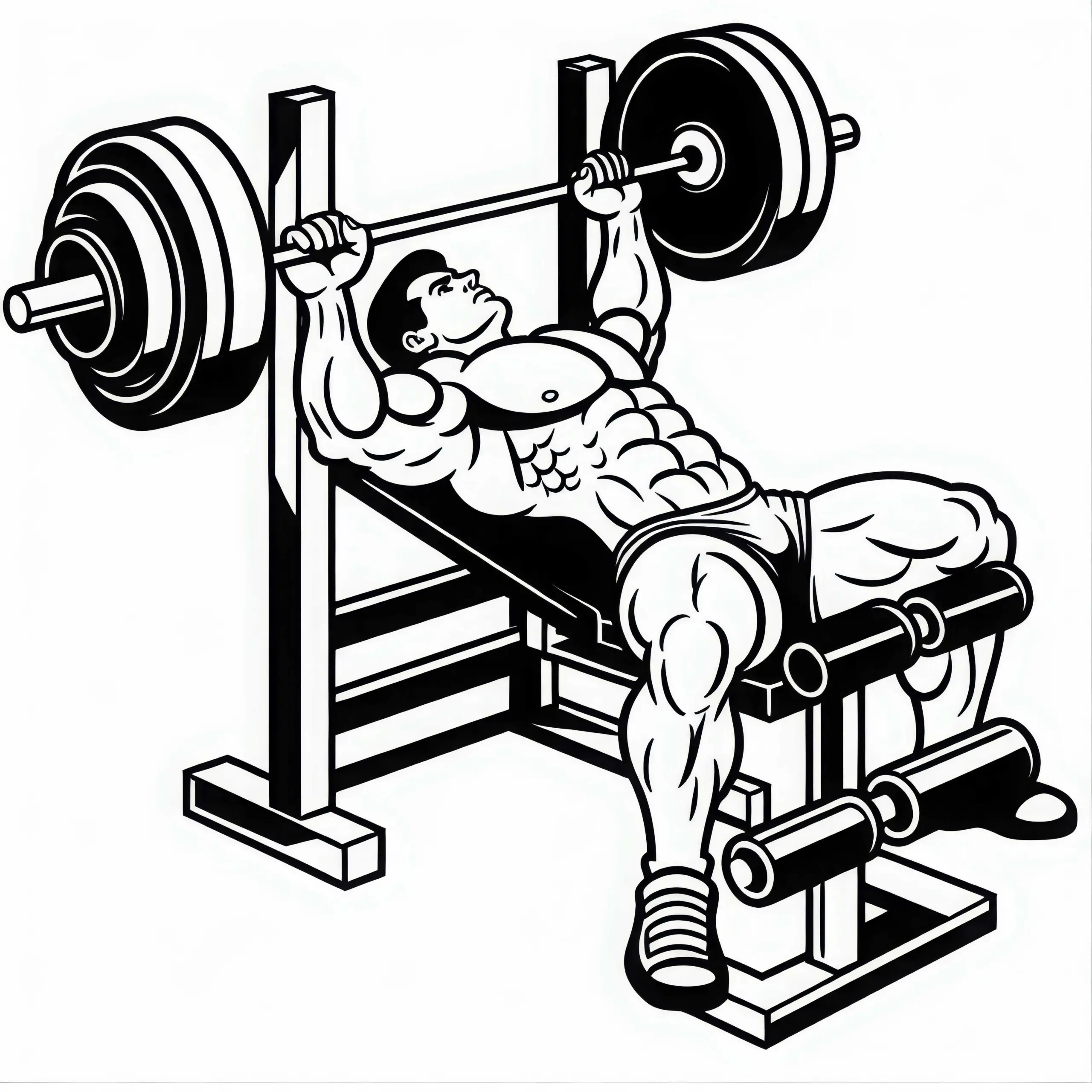 Bodybuilder trainiert an Langhantelbank – Ausmalbild kostenlos
