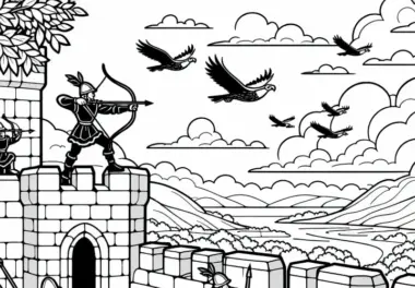 Bogenschützen auf der Burgmauer – Ausmalbild kostenlos