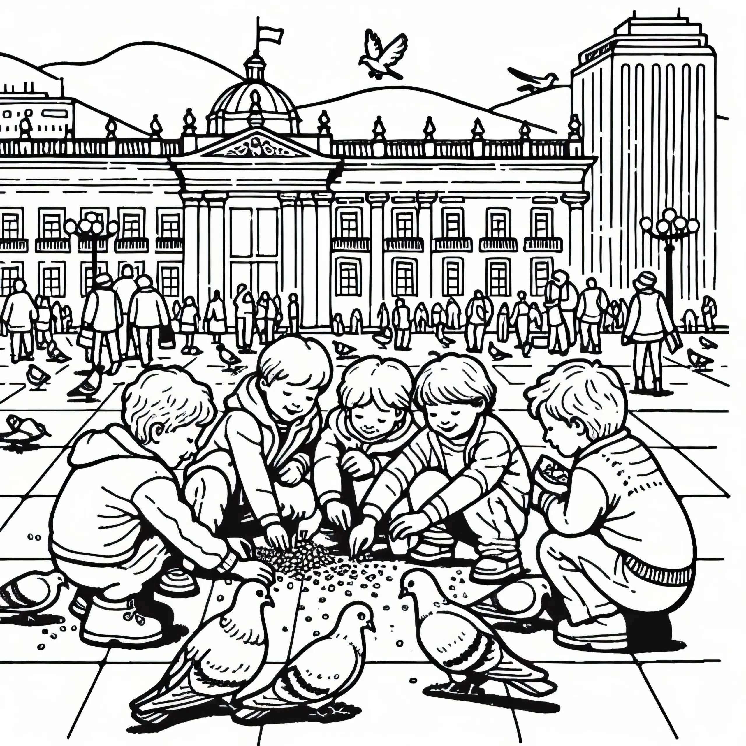 Kostenlose Malvorlage: Kinder füttern Tauben auf dem Plaza Bolívar in Bogotá (Ausmalbild)