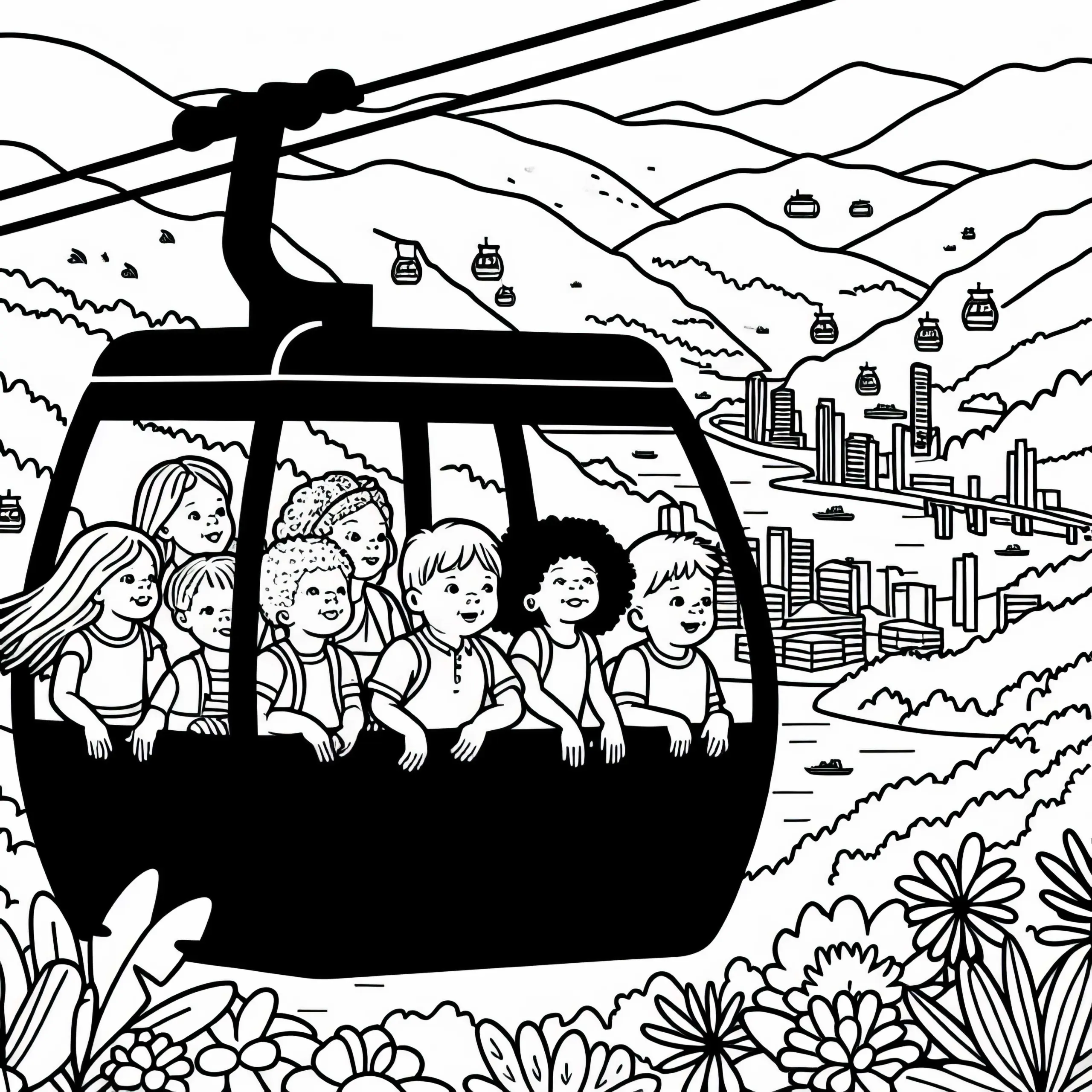 Bogota Kinder fahren mit Seilbahn auf Berg Monserrate Malvorlage kostenlos (Ausmalbild)