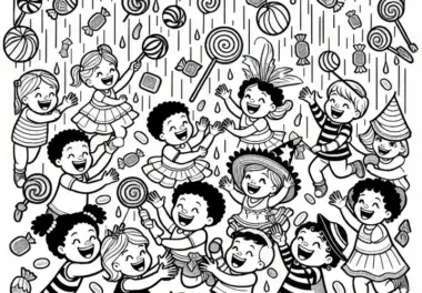 Bonbonregen mit Kindern, die Süßigkeiten fangen