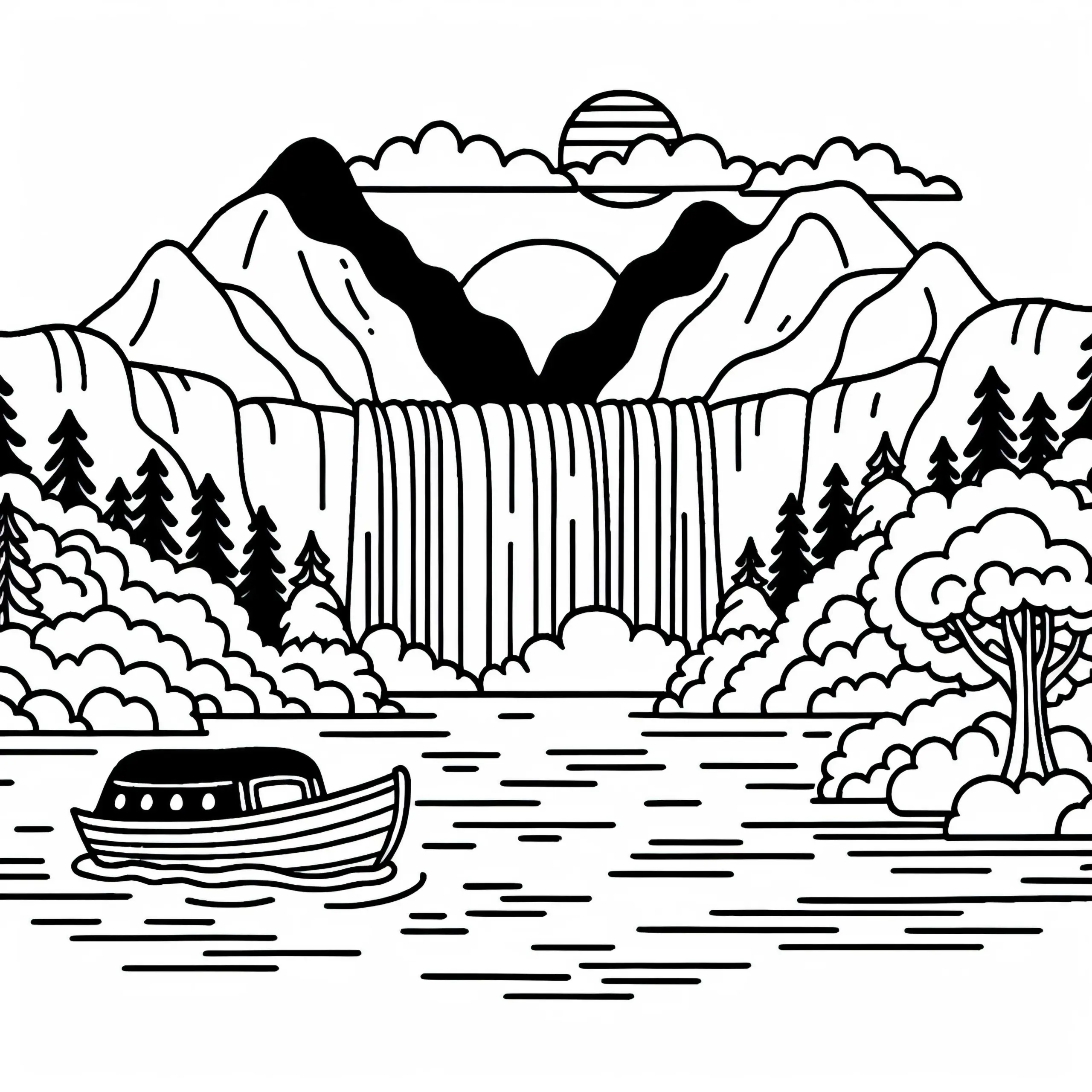 Boot fährt nahe an Wasserfall – Malvorlage kostenlos (Ausmalbild)
