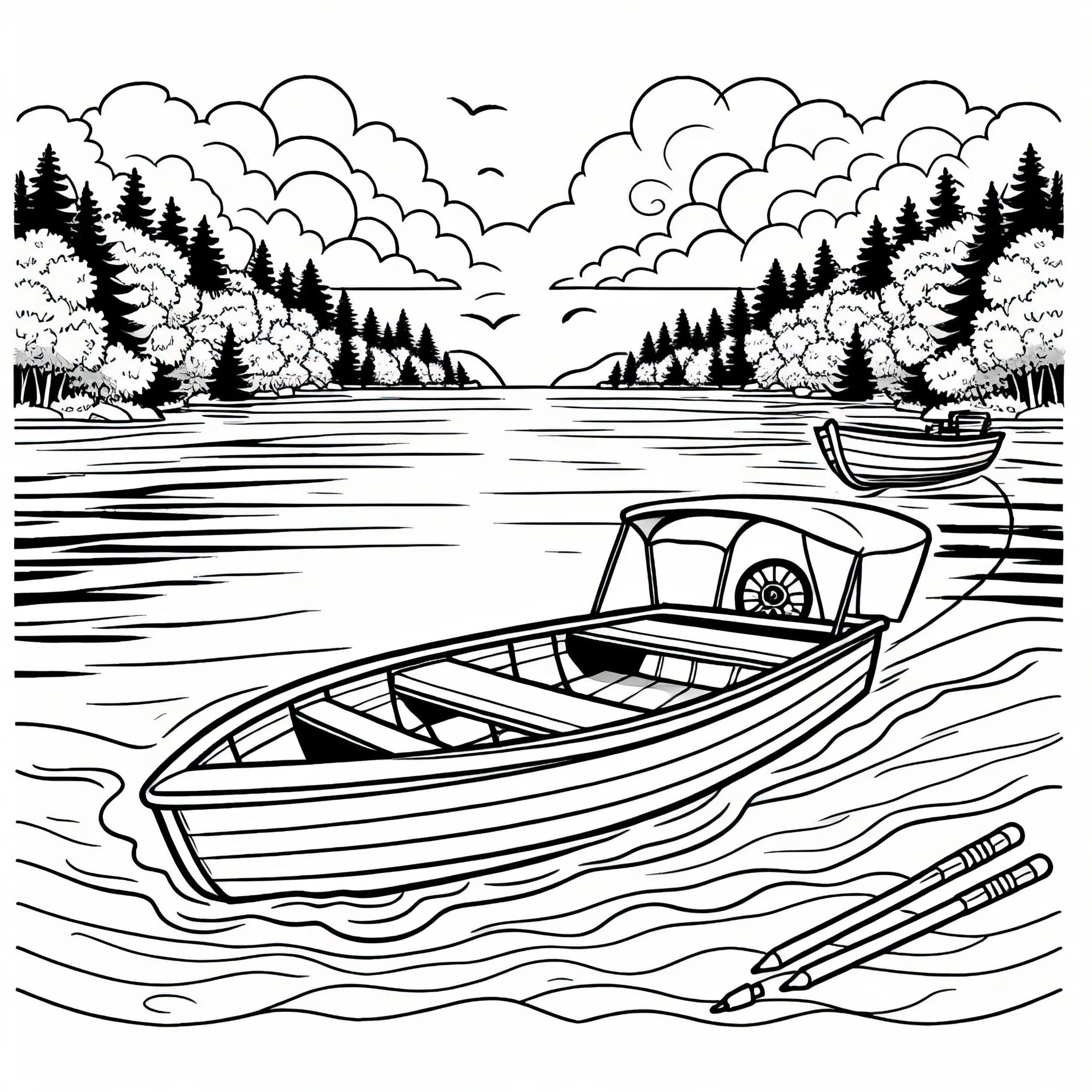 Boot fährt über ruhigen See im Juli: Malvorlage zum Herunterladen (Kostenlos) (Ausmalbild)