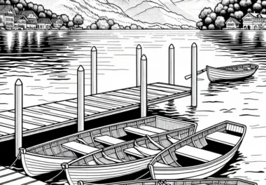 Bootsanhleger mit Ruderbooten am Seeufer – Malvorlage Kostenlos