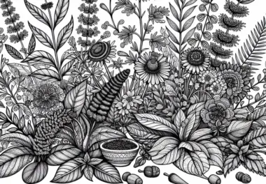 Botanische Zeichnung eines Kräutergartens – Malvorlage für Erwachsene kostenlos