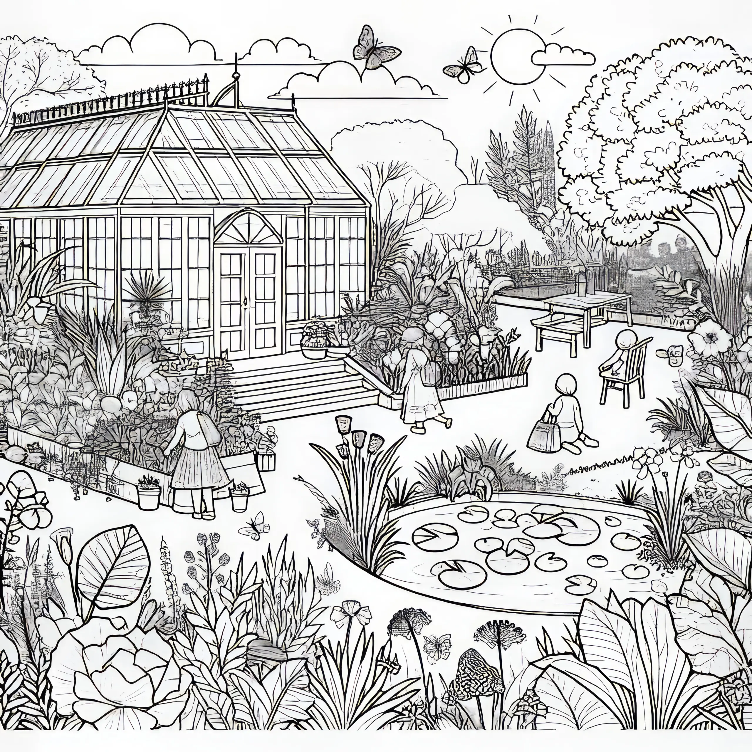 Botanischer Garten im Sommer: Malvorlage gratis zum Herunterladen (Ausmalbild)