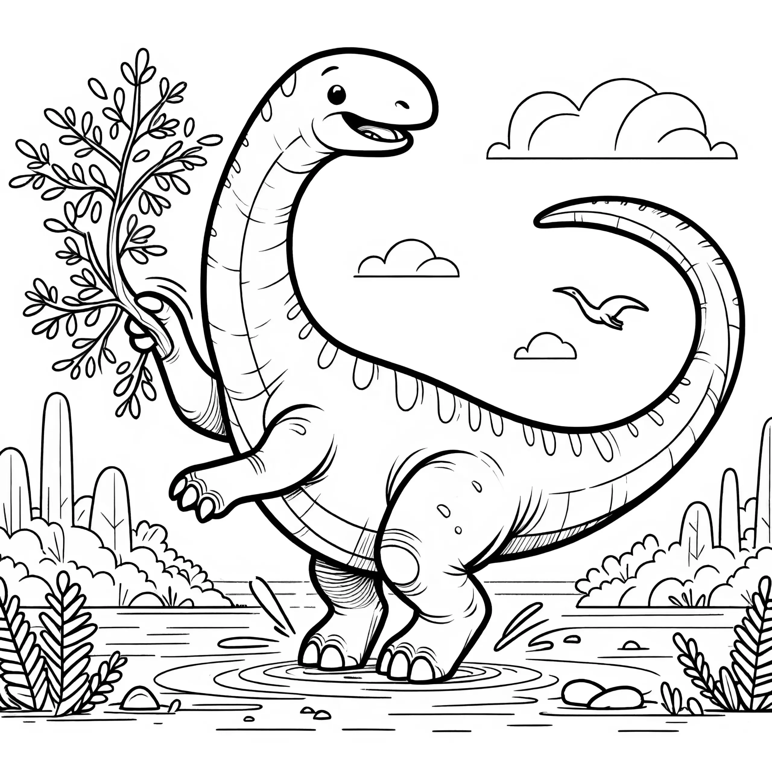 Brachiosaurus im Urzeit-Dschungel (Malvorlage) (Ausmalbild)