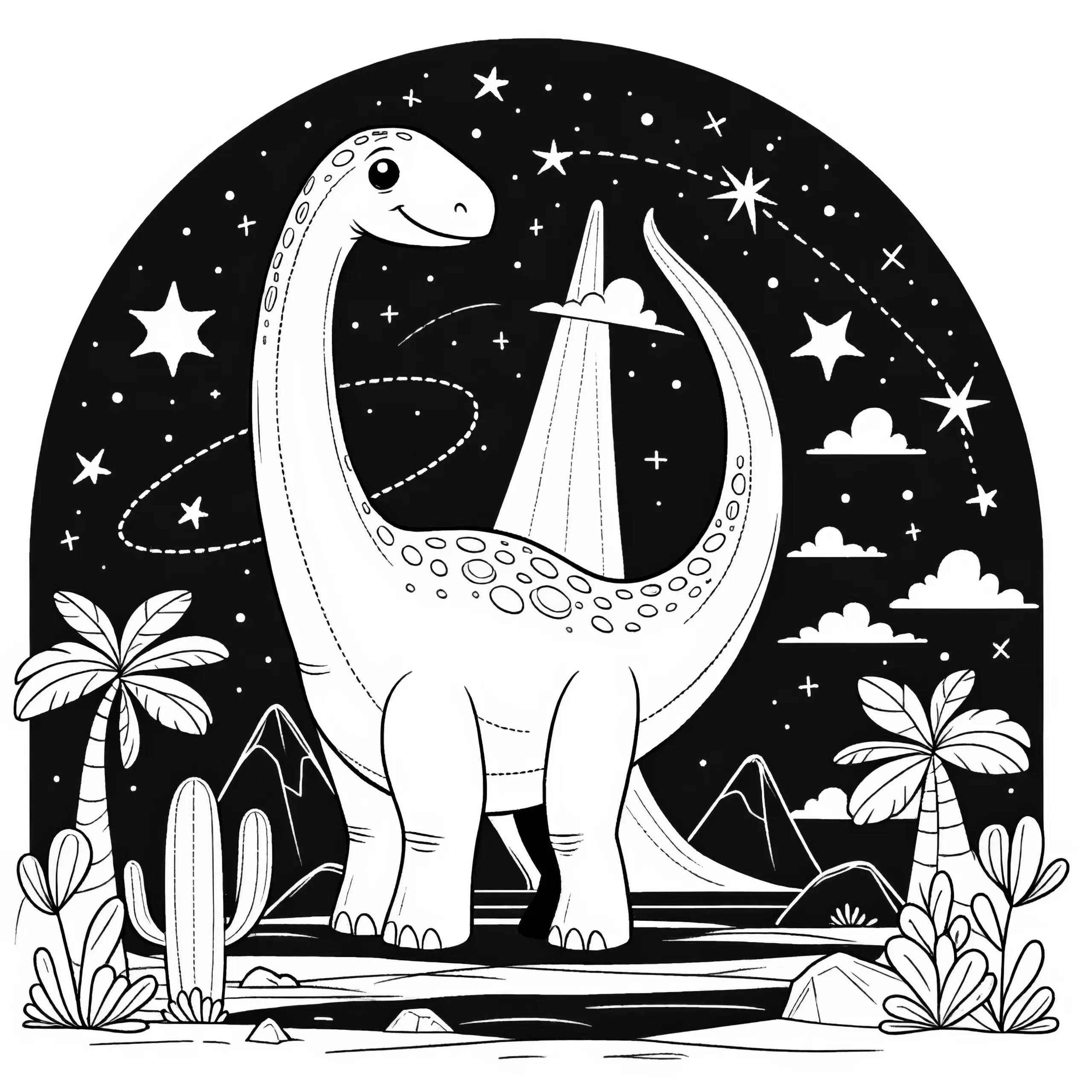 Brachiosaurus vor Sternenhimmel & Palmen (Ausmalbild)