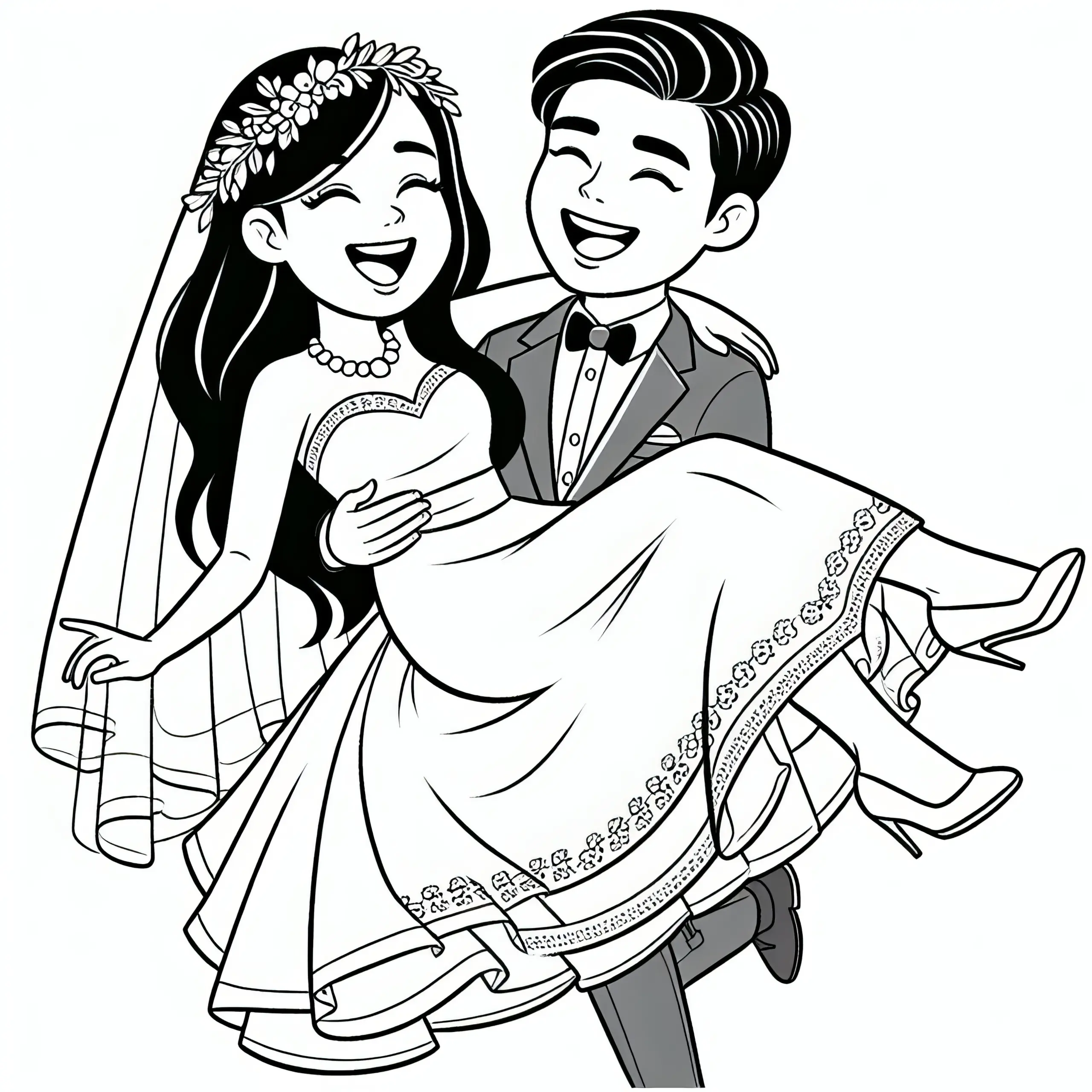 Bräutigam hebt Braut hoch: Ausmalbild Hochzeit