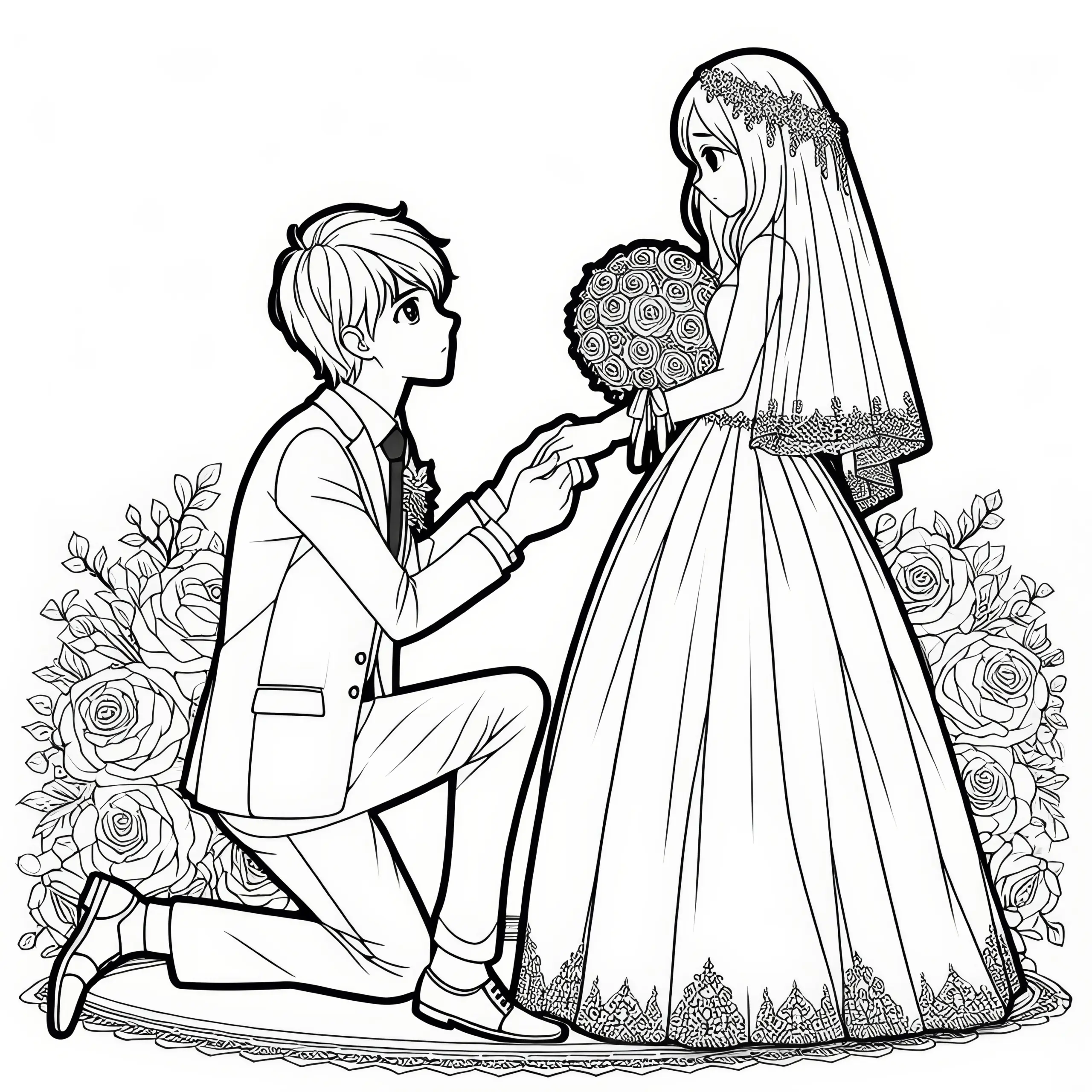 Bräutigam kniet vor Braut: Ausmalbild Hochzeit (kostenlos)
