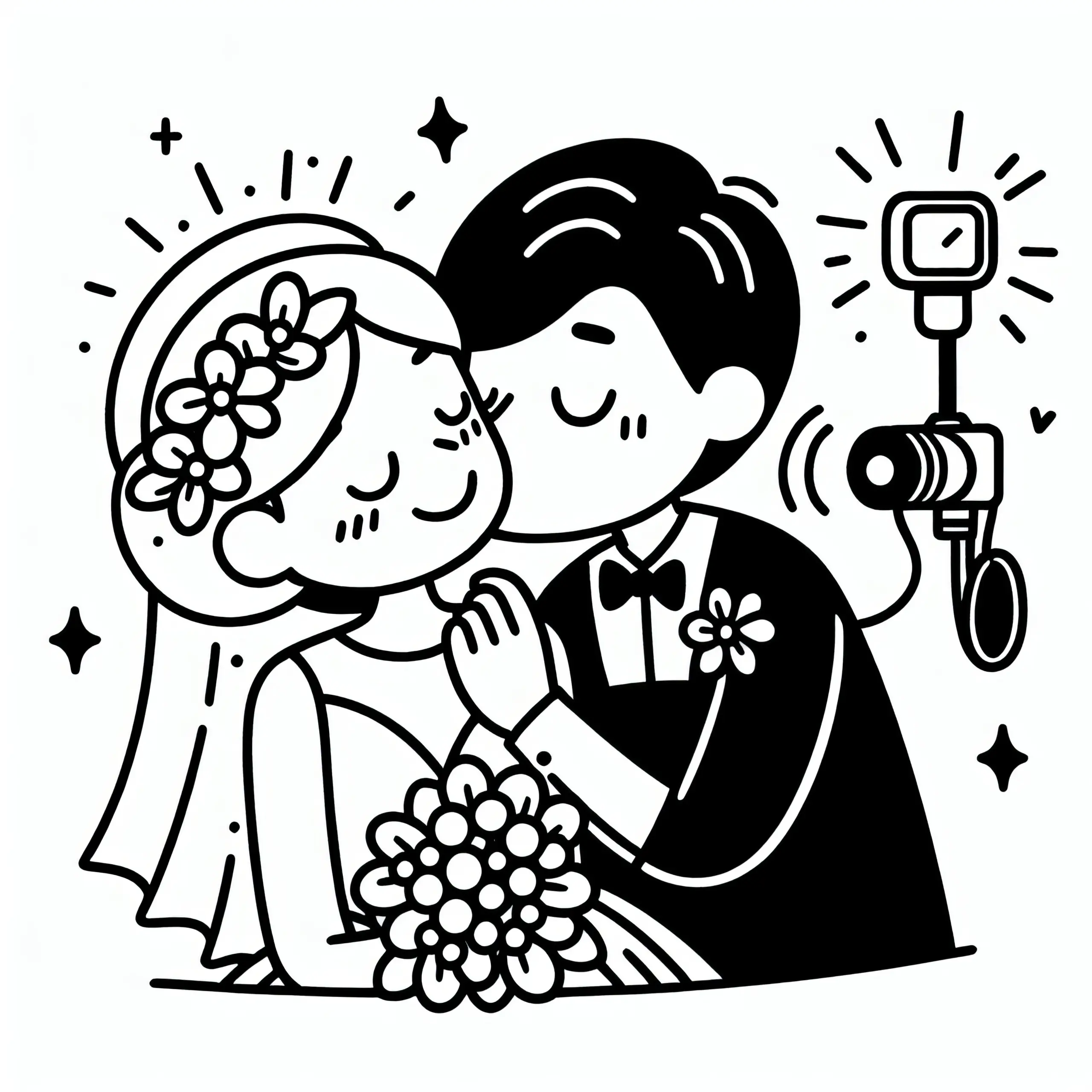 Bräutigam küsst Braut: einfaches Ausmalbild Hochzeit