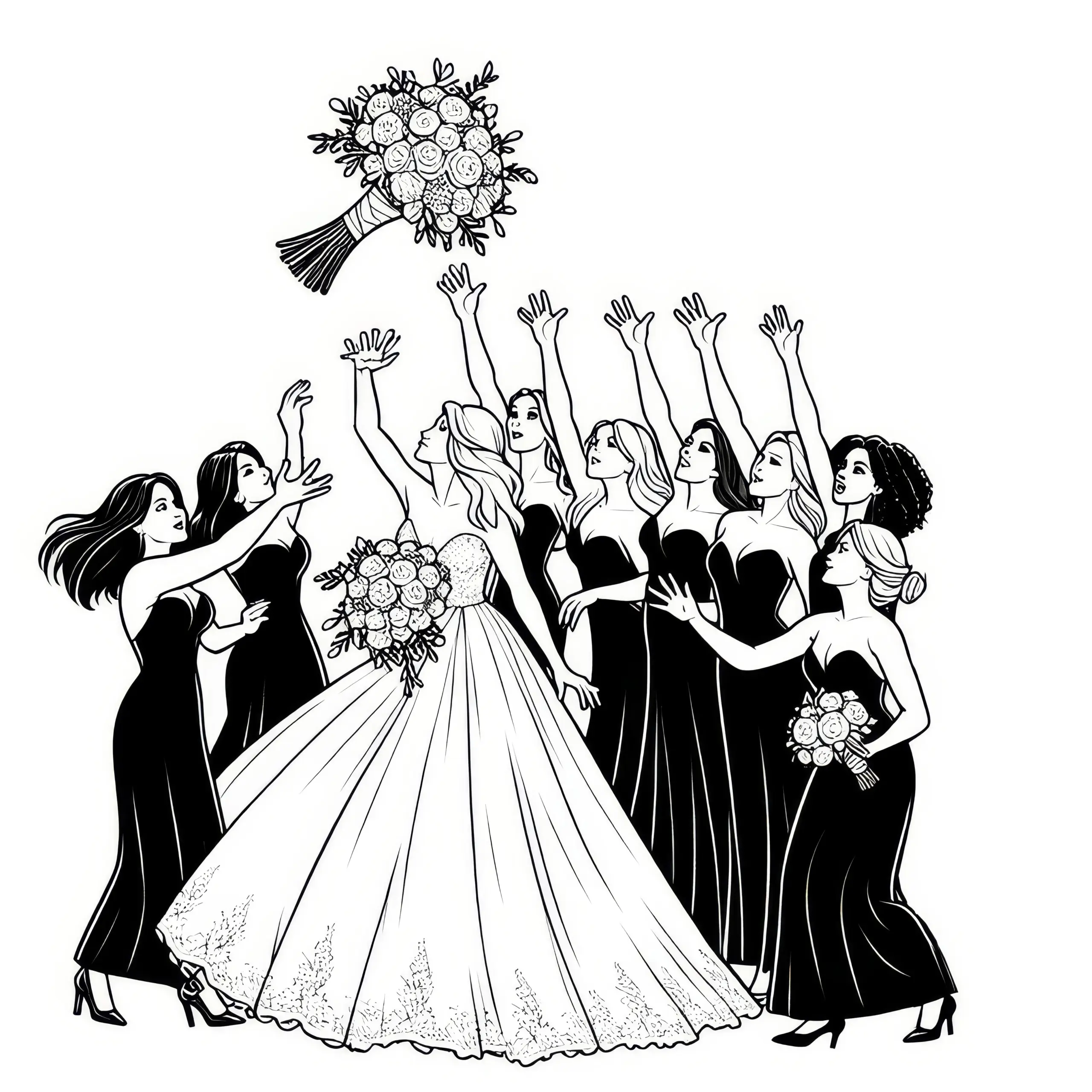 Braut wirft Brautstrauß: kostenlose Malvorlage Hochzeit (Ausmalbild)