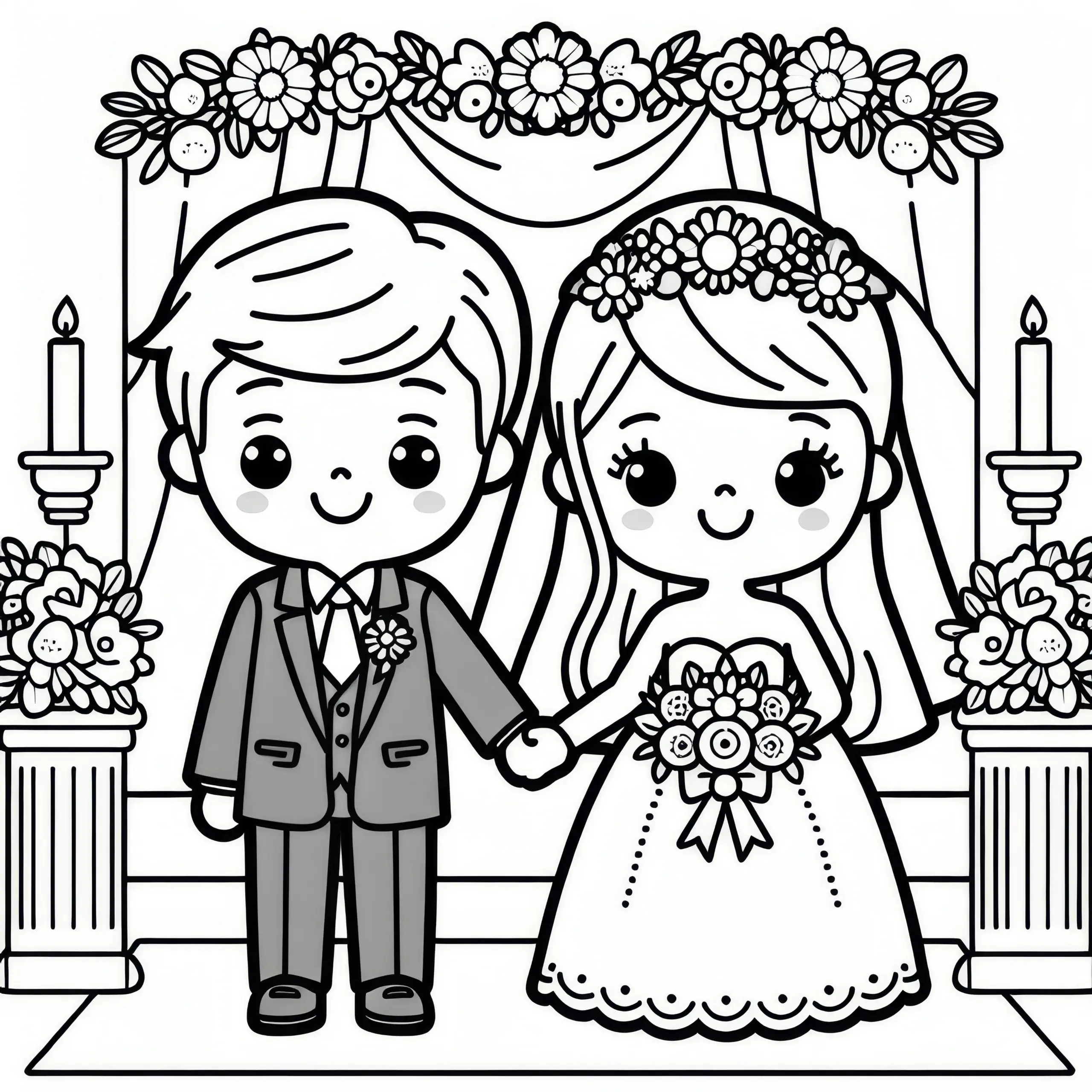 Brautpaar vor blumengeschmücktem Altar: Ausmalbild Hochzeit