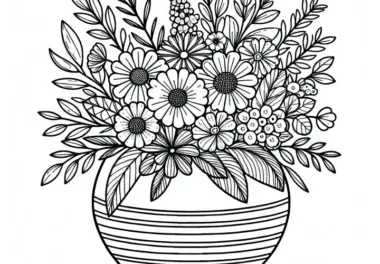 Breite Vase mit Gartenblumen – Malvorlage Kostenlos