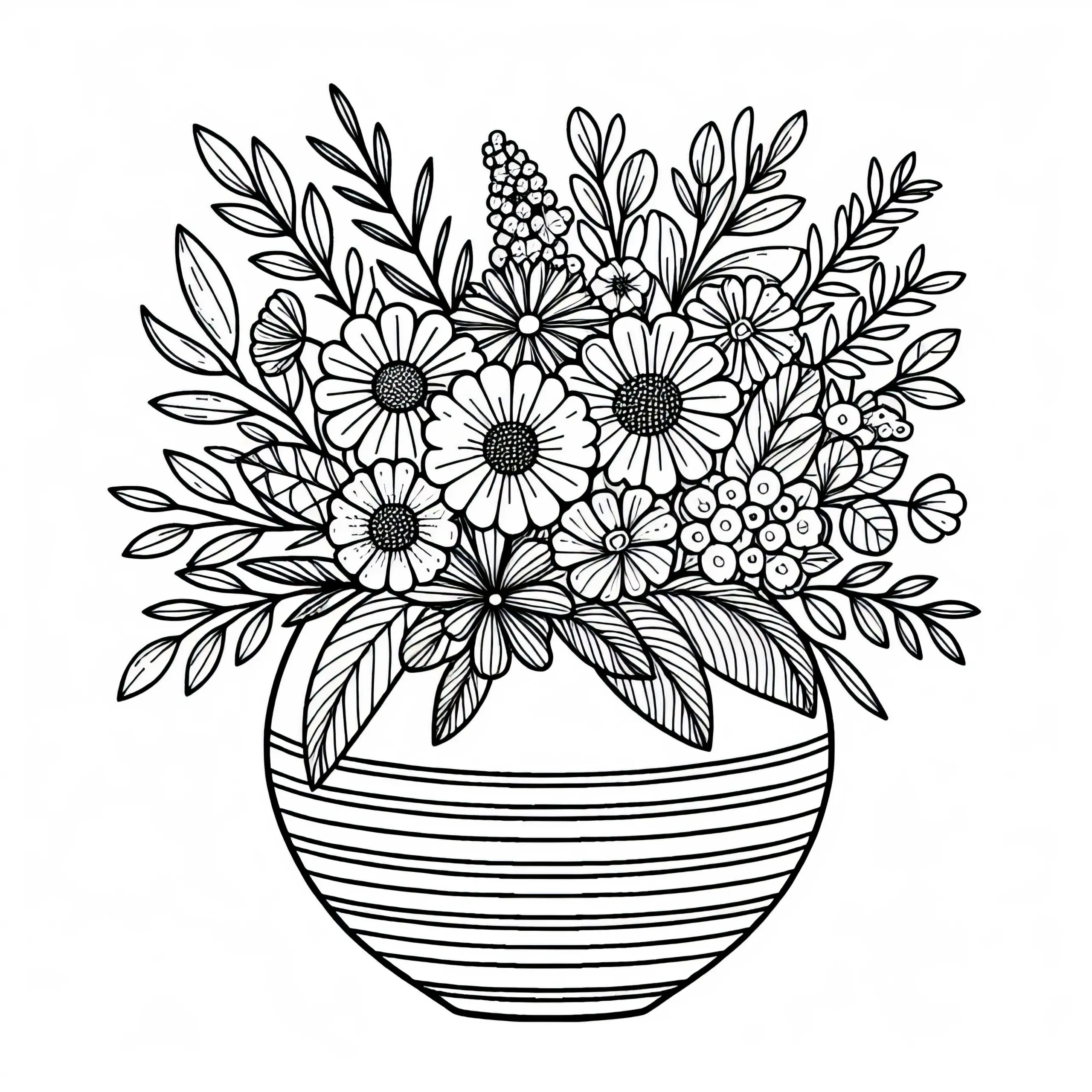 Breite Vase mit Gartenblumen – Malvorlage Kostenlos (Ausmalbild)