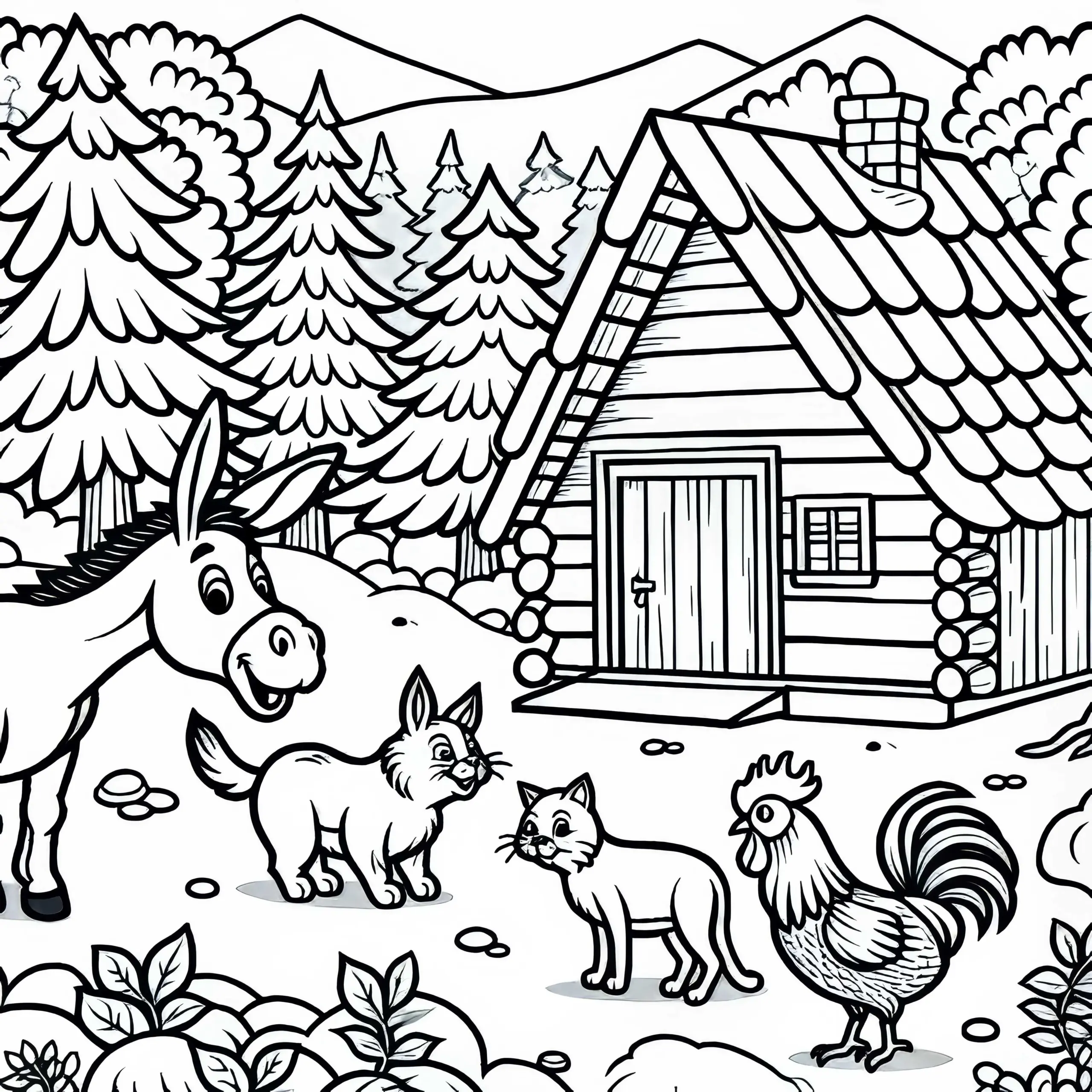 Bremer Stadtmusikanten entdecken Räuberhaus im Wald – Malvorlage Märchen gratis (Ausmalbild)
