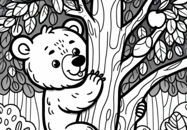 Der Brillenbär klettert geschickt am Baum hoch – Malvorlage einfach und gratis