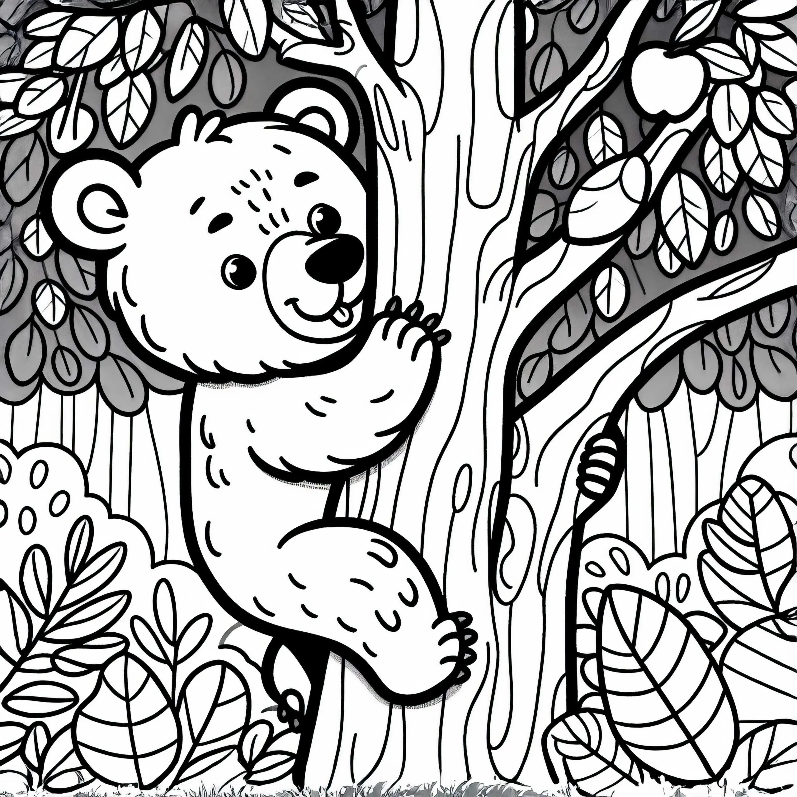 Der Brillenbär klettert geschickt am Baum hoch – Malvorlage einfach und gratis (Ausmalbild)