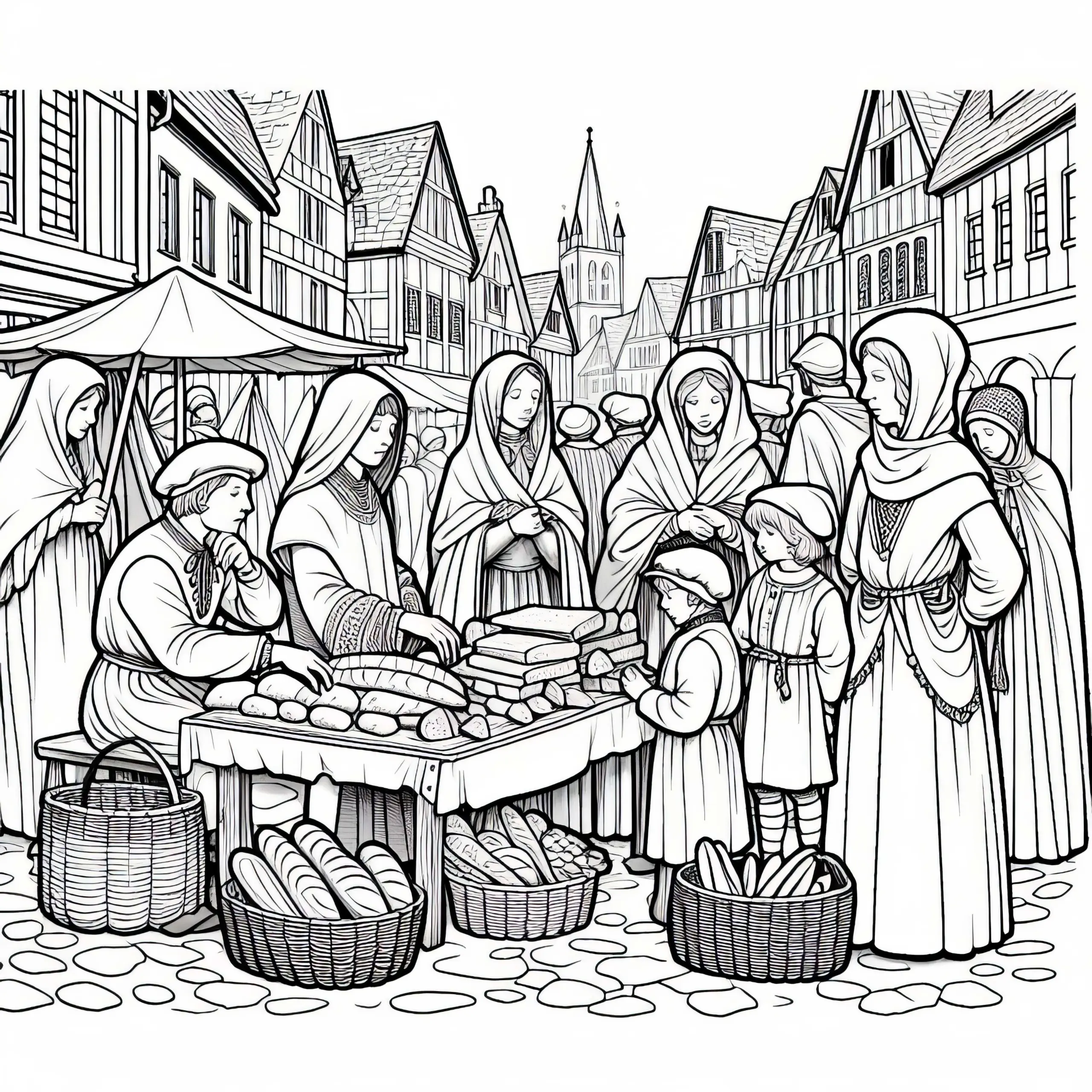 Brotstand im Markt – Malvorlage zum Stadtleben im Mittelalter kostenlos (Ausmalbild)