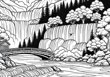 Brücke am Wasserfall Malvorlage Kostenlos