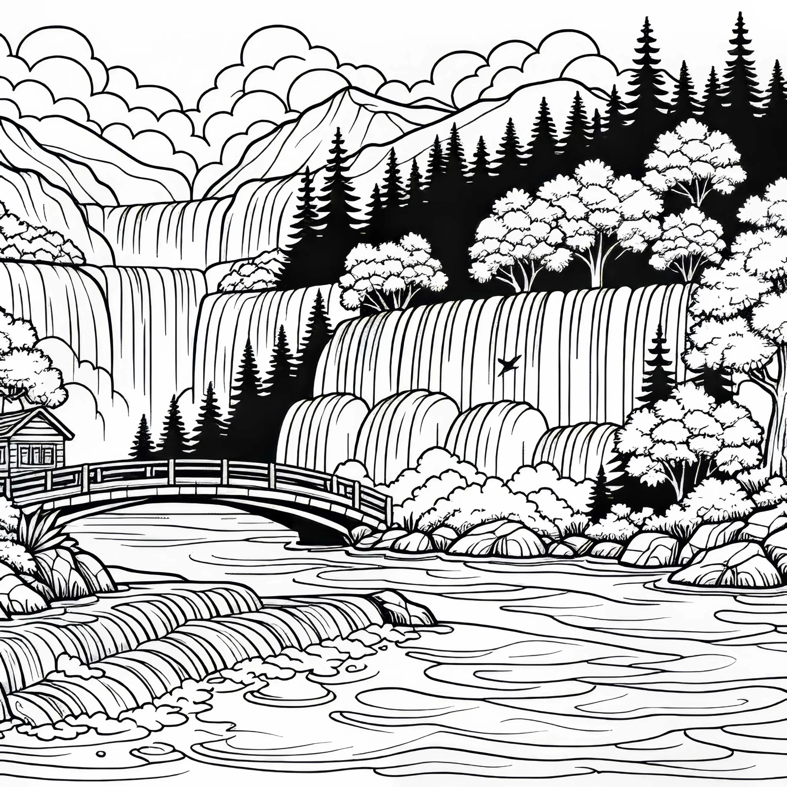 Brücke am Wasserfall Malvorlage Kostenlos (Ausmalbild)
