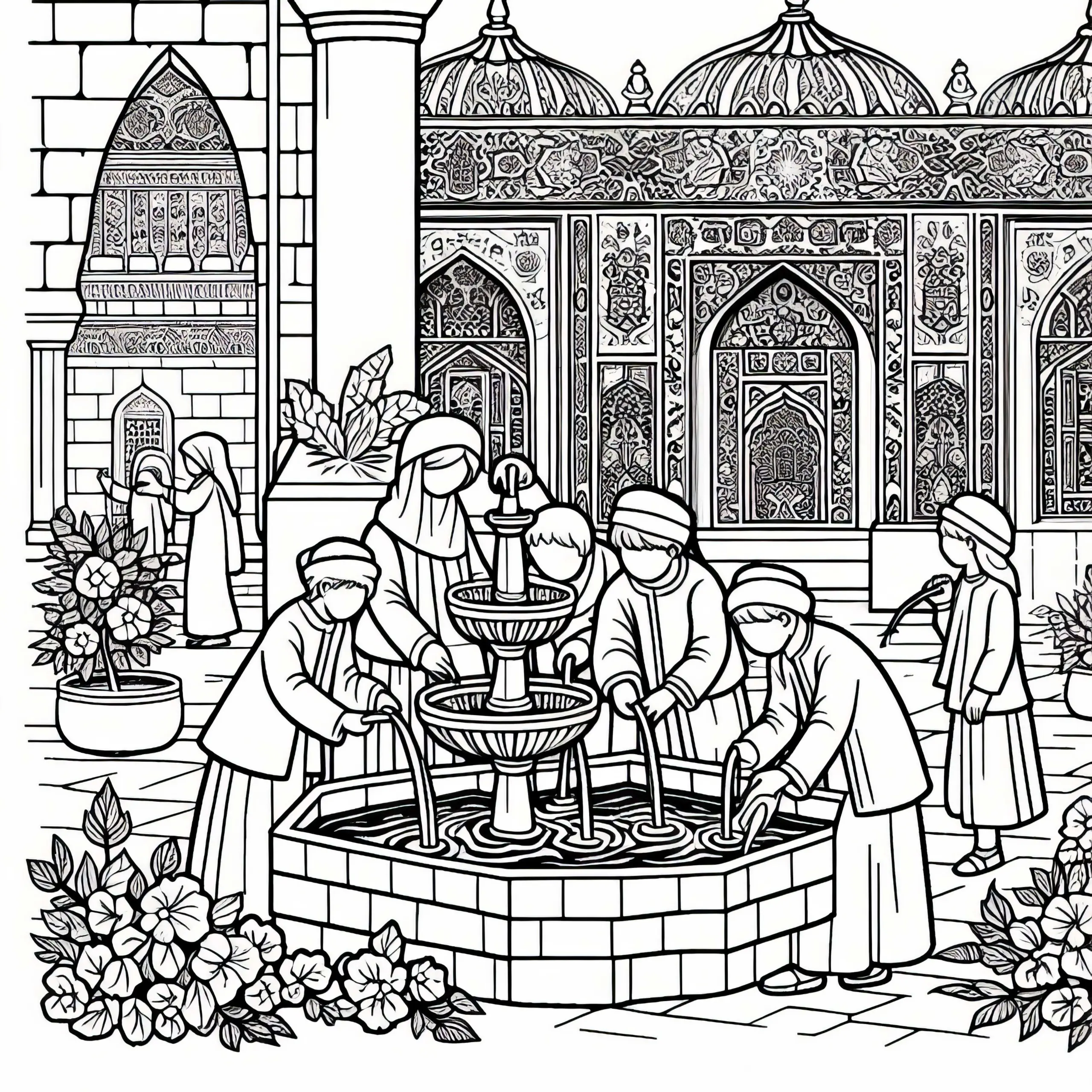 Brunnen im Hof – Malvorlage islamische Kultur kostenlos (Ausmalbild)