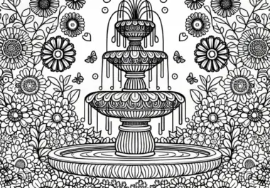 Brunnen inmitten von Gartenblumen – Ausmalbild kostenlos