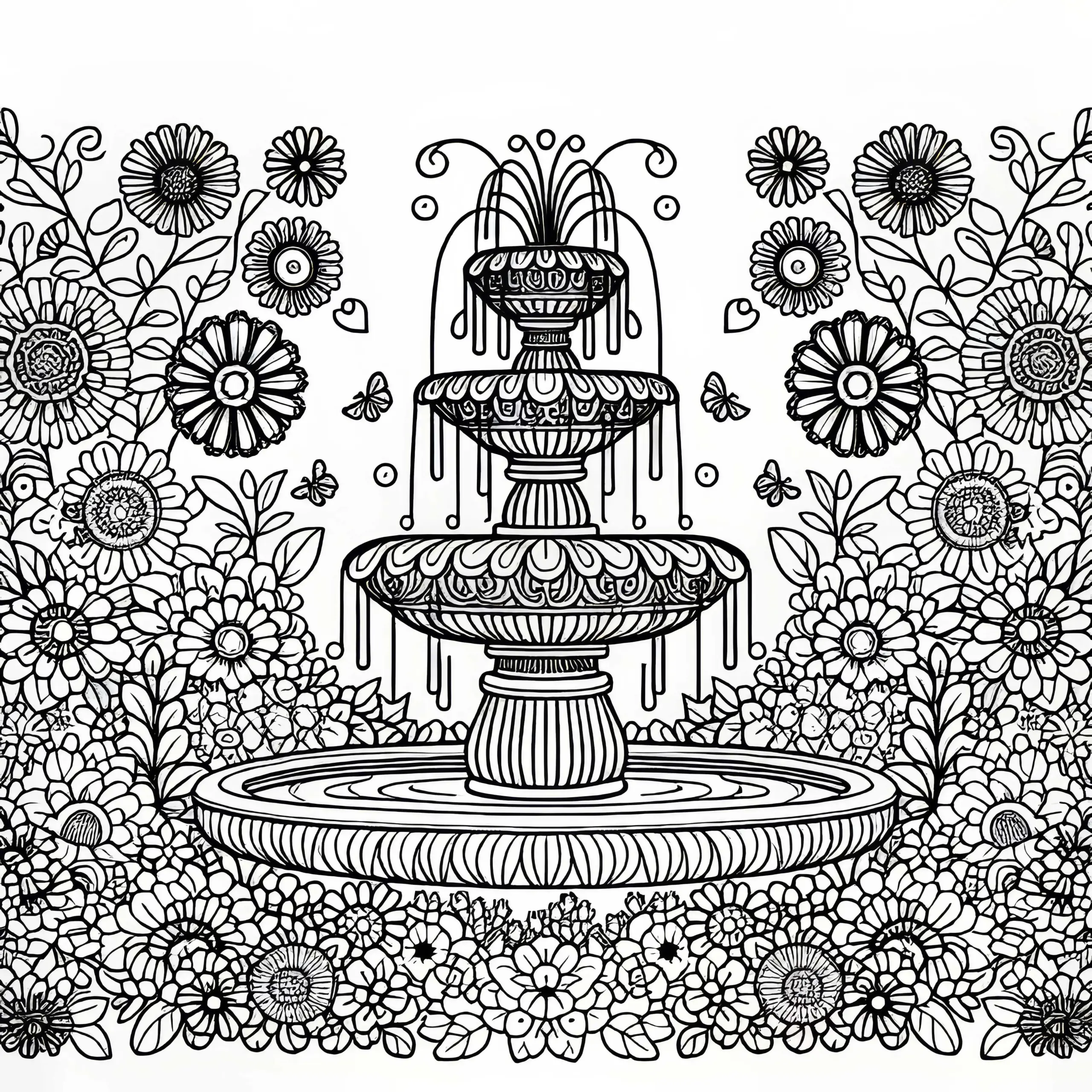 Brunnen inmitten von Gartenblumen – Ausmalbild kostenlos