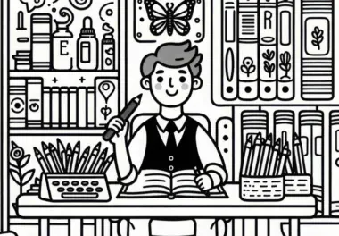 Bücherregal eines Schriftstellers – Malvorlage kostenlos herunterladen