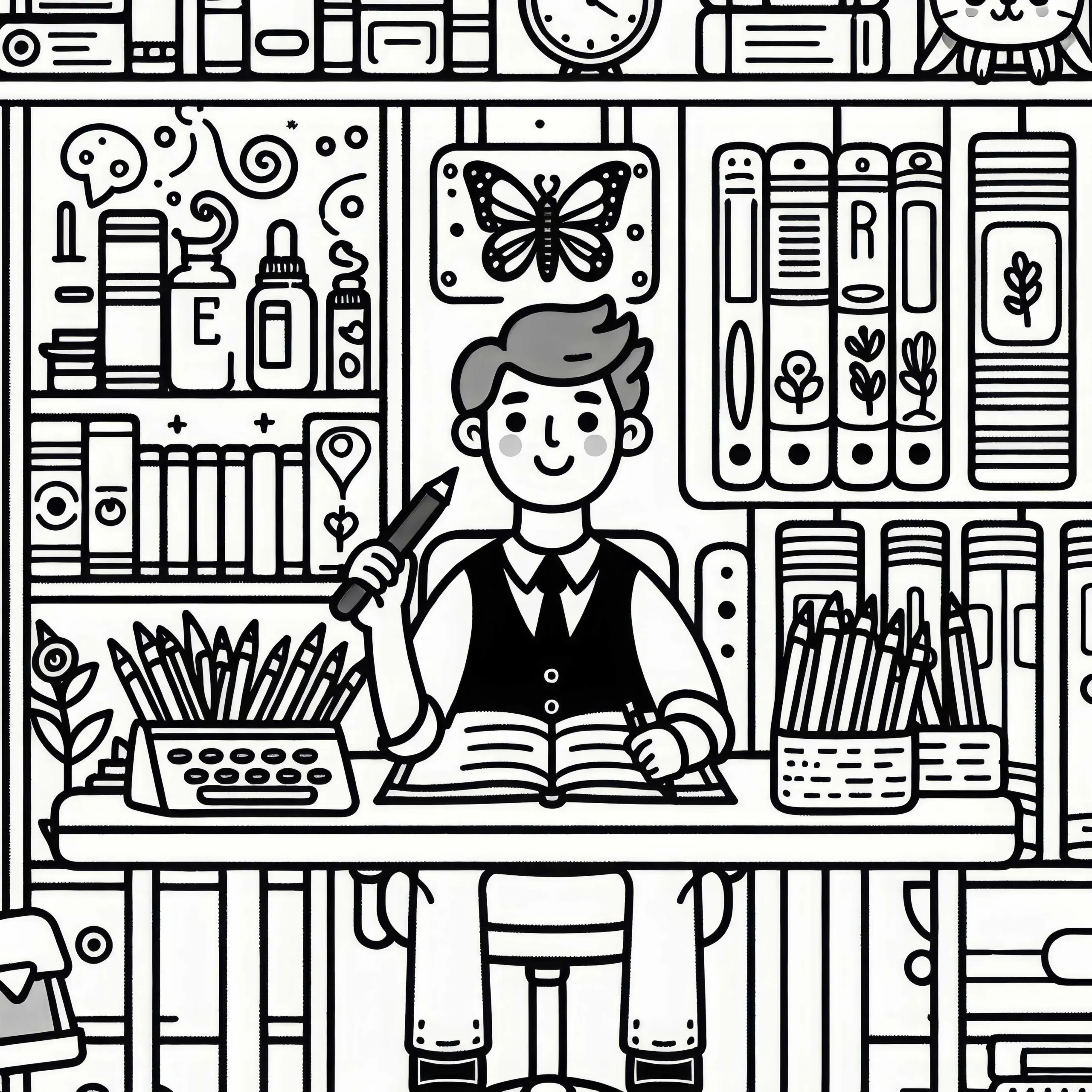 Bücherregal eines Schriftstellers – Malvorlage kostenlos herunterladen (Ausmalbild)