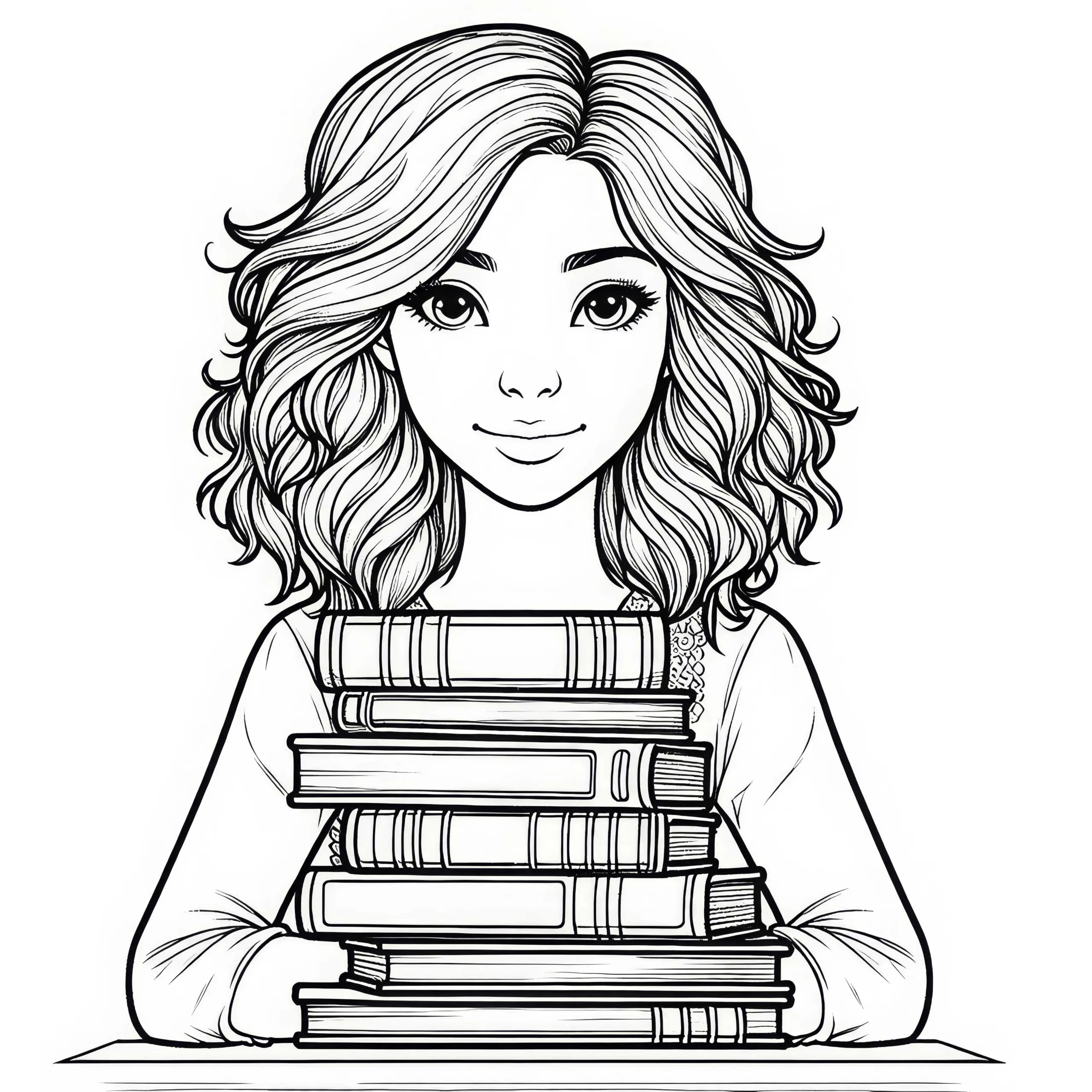Bücherstapel einer Lehrerin als detailreiches Ausmalbild kostenlos