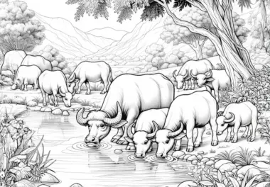 Büffelherde steht am Fluss und trinkt Wasser – Ausmalbild detailreich kostenlos