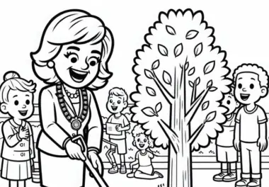 Bürgermeisterin pflanzt symbolisch Baum bei Umweltprojekt – Malvorlage kostenlos