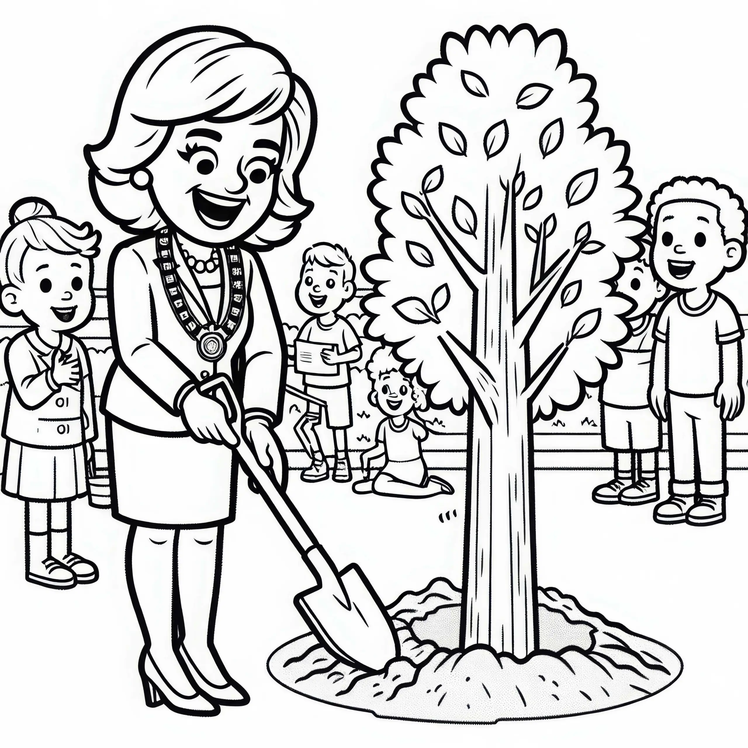 Bürgermeisterin pflanzt symbolisch Baum bei Umweltprojekt – Malvorlage kostenlos (Ausmalbild)