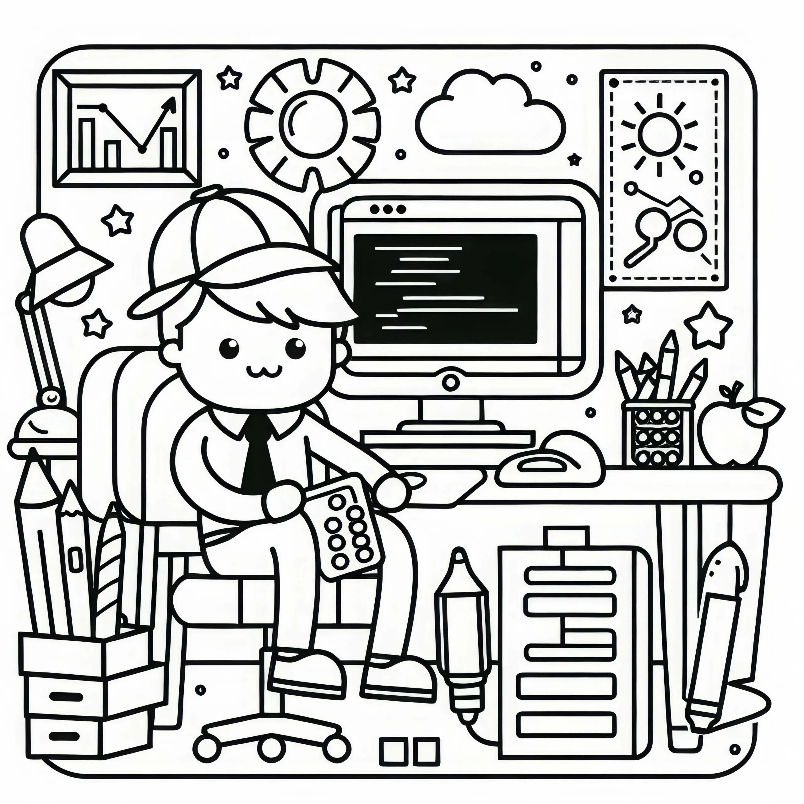 Ausmalbild eines Büros mit Computer für Entwickler – Einfach und Gratis