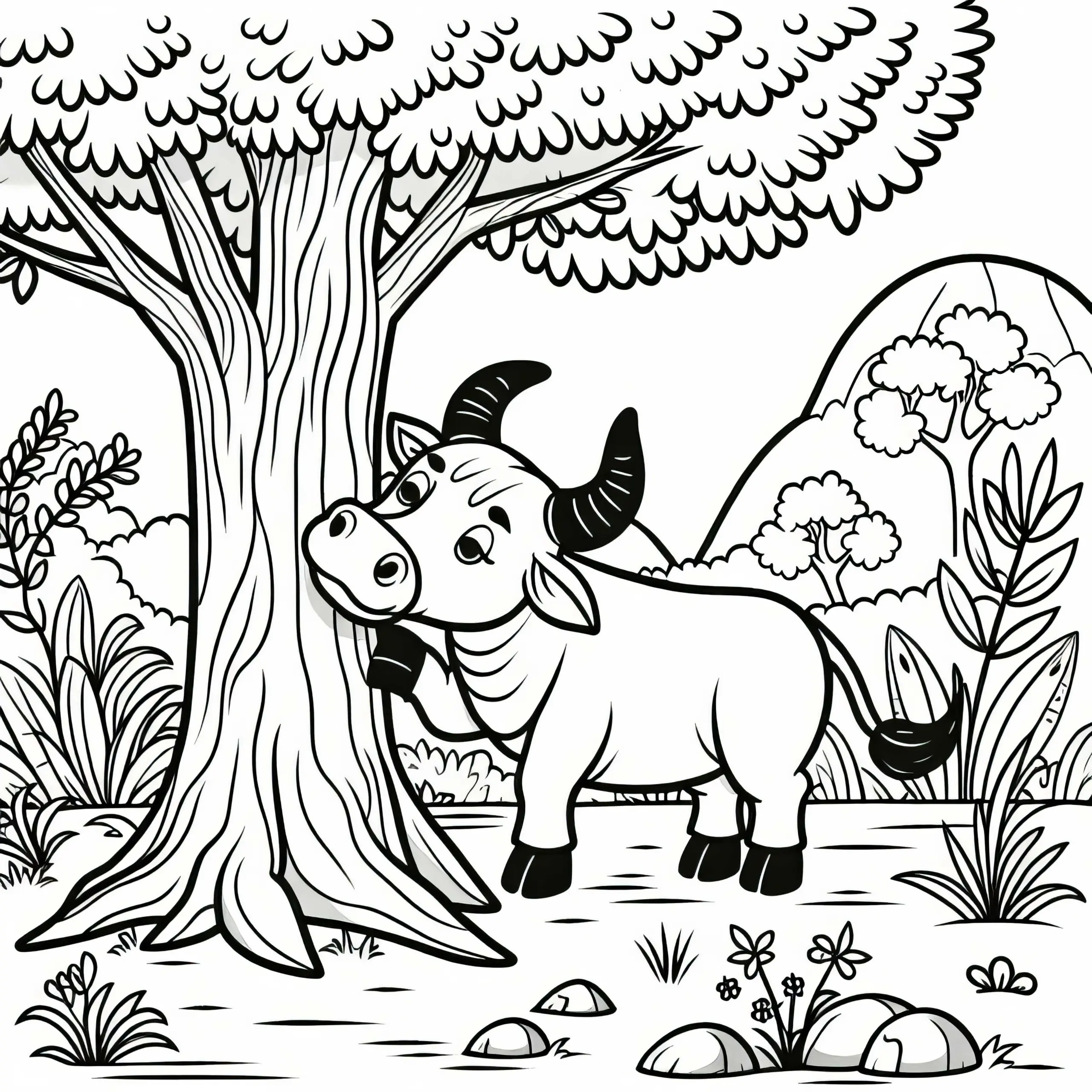 Bulle kratzt sich am Baum – Malvorlage gratis (Ausmalbild)